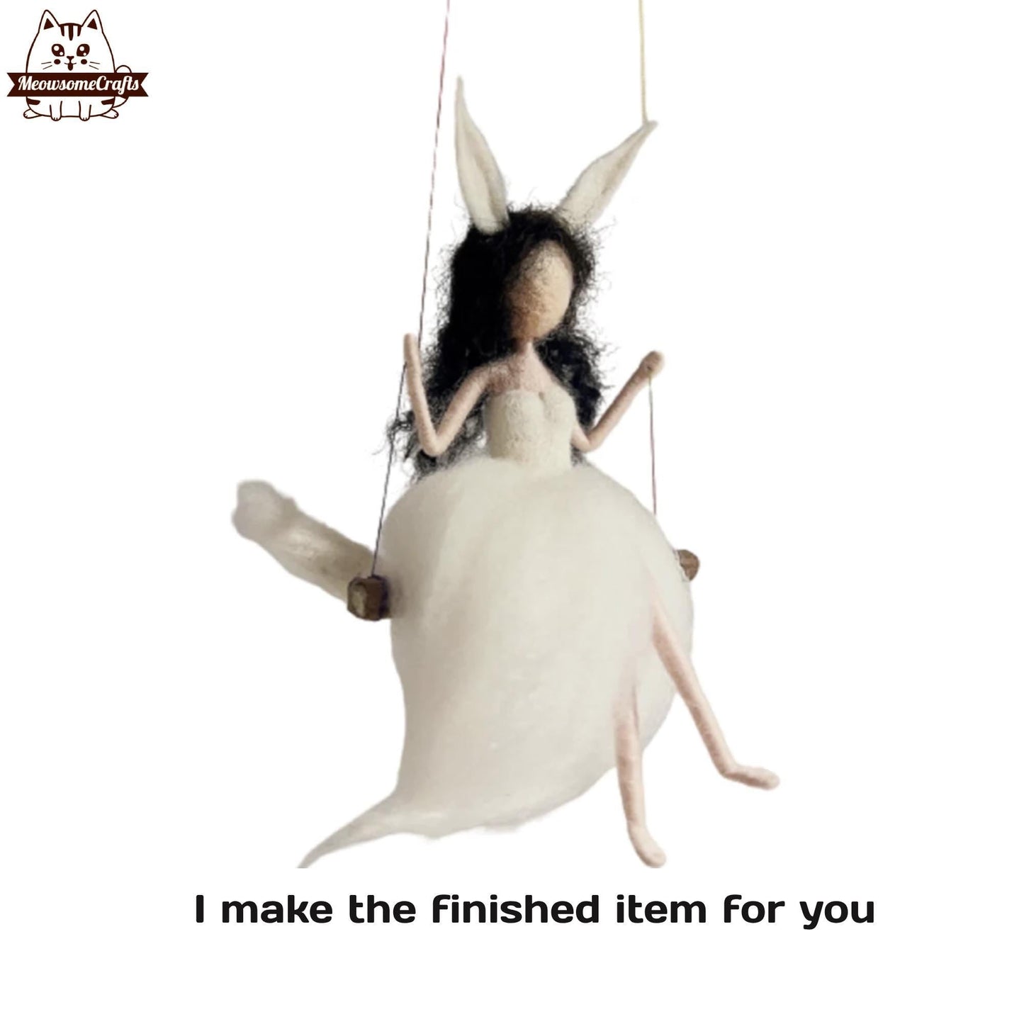 Handmade Needle Felted White Fox Girl With Ears & Tail On Swing | Finished Felted People