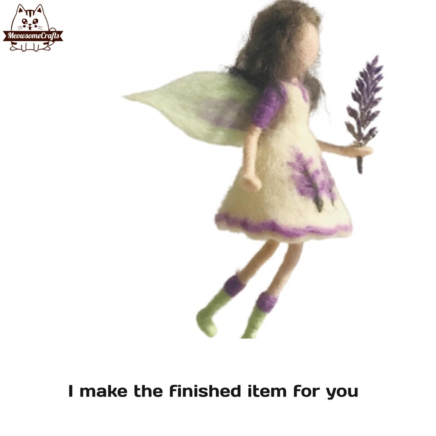 Handmade Needle Felted White Lavender Flower Dress Fairy Girl Holding Lavender Flower | Finished Felted Fairy