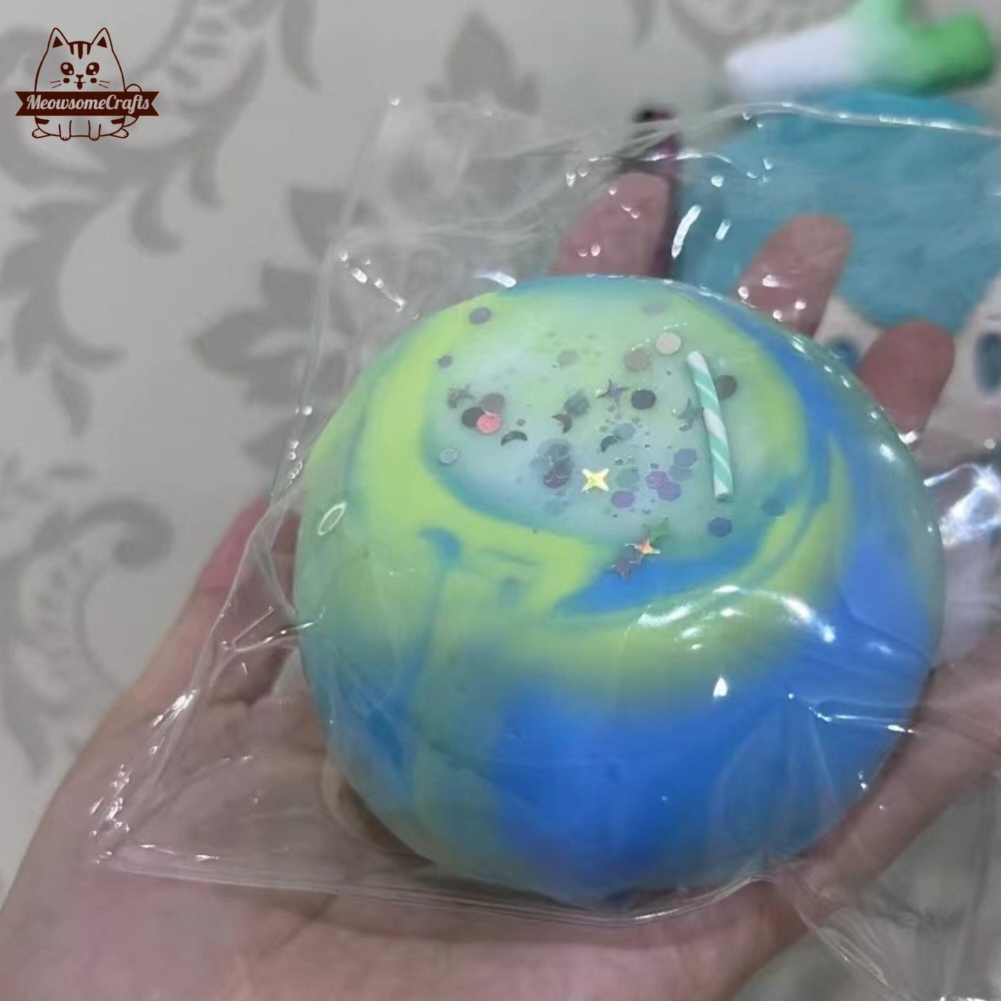 Ball Blue & Green Swirls With Sparkles Handmade Taba Squishy | Squeezable Stress Relief Fidget Toy - Squishy