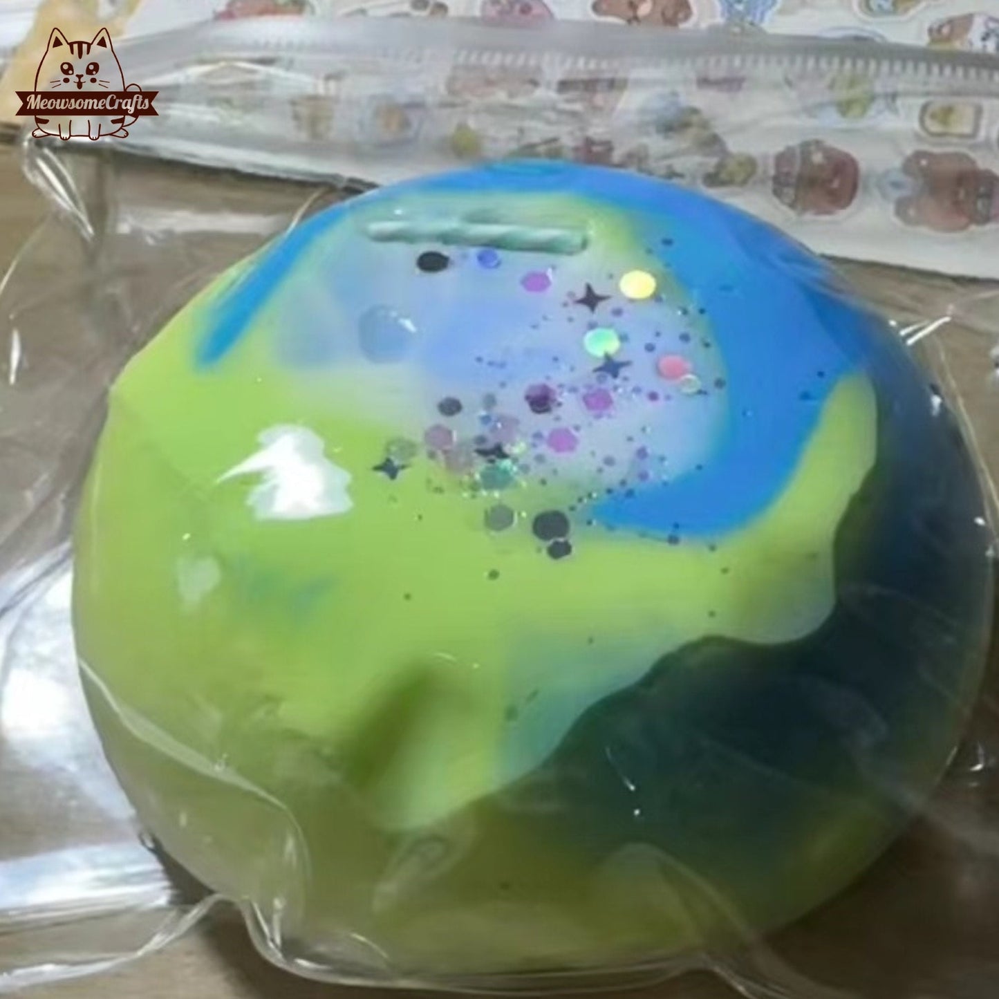 Ball Blue & Green Swirls With Sparkles Handmade Taba Squishy | Squeezable Stress Relief Fidget Toy - Squishy