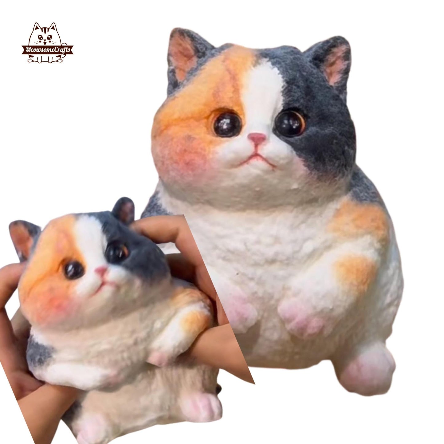 Big Furry Chubby Calico Cat Animal Handmade Squishy | Washable Squeezable Stress Relief Fidget Toy