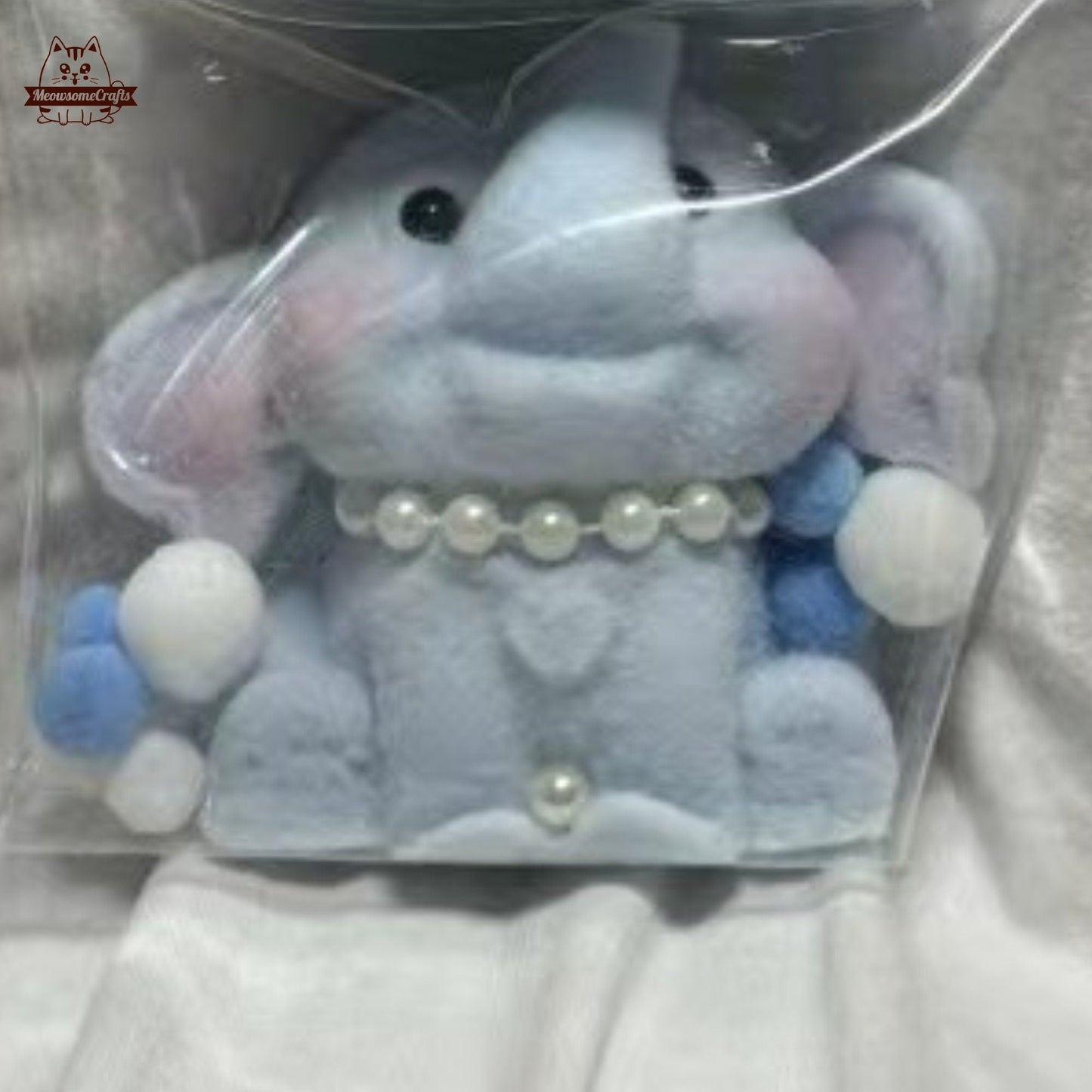 Furry Baby Elephants Wearing Pearl Necklace Animal Handmade Taba Squishy | Squeezable Stress Relief Fidget Toy - Blue