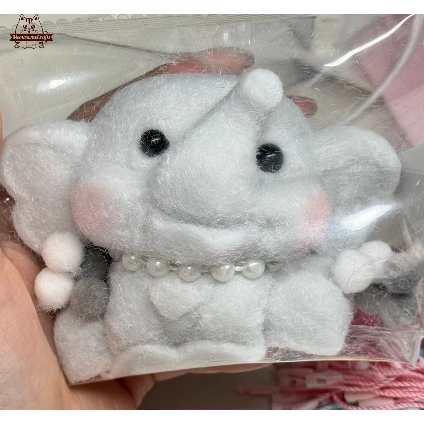 Furry Baby Elephants Wearing Pearl Necklace Animal Handmade Taba Squishy | Squeezable Stress Relief Fidget Toy - Gray
