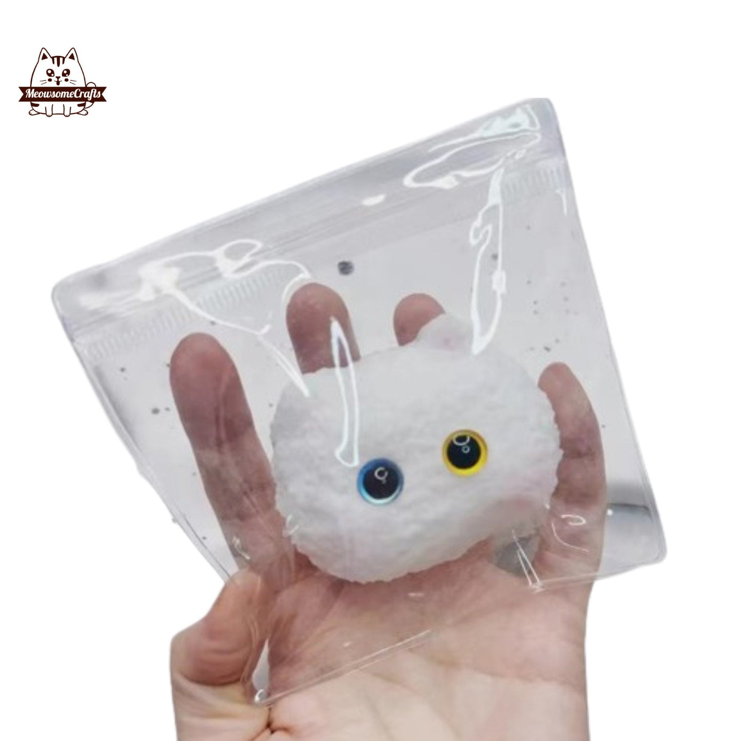 Furry Big Eyes Cat Face Animal Handmade Taba Squishy | Squeezable Stress Relief Fidget Toy - White Cat Mix Eyes