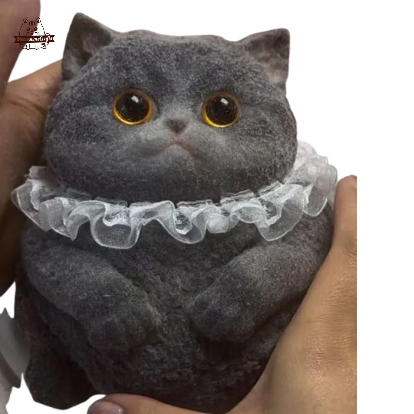 Furry Chubby Black Cat With Lace Collar Animal Handmade Taba Squishy | Squeezable Stress Relief Fidget Toy - Squishy