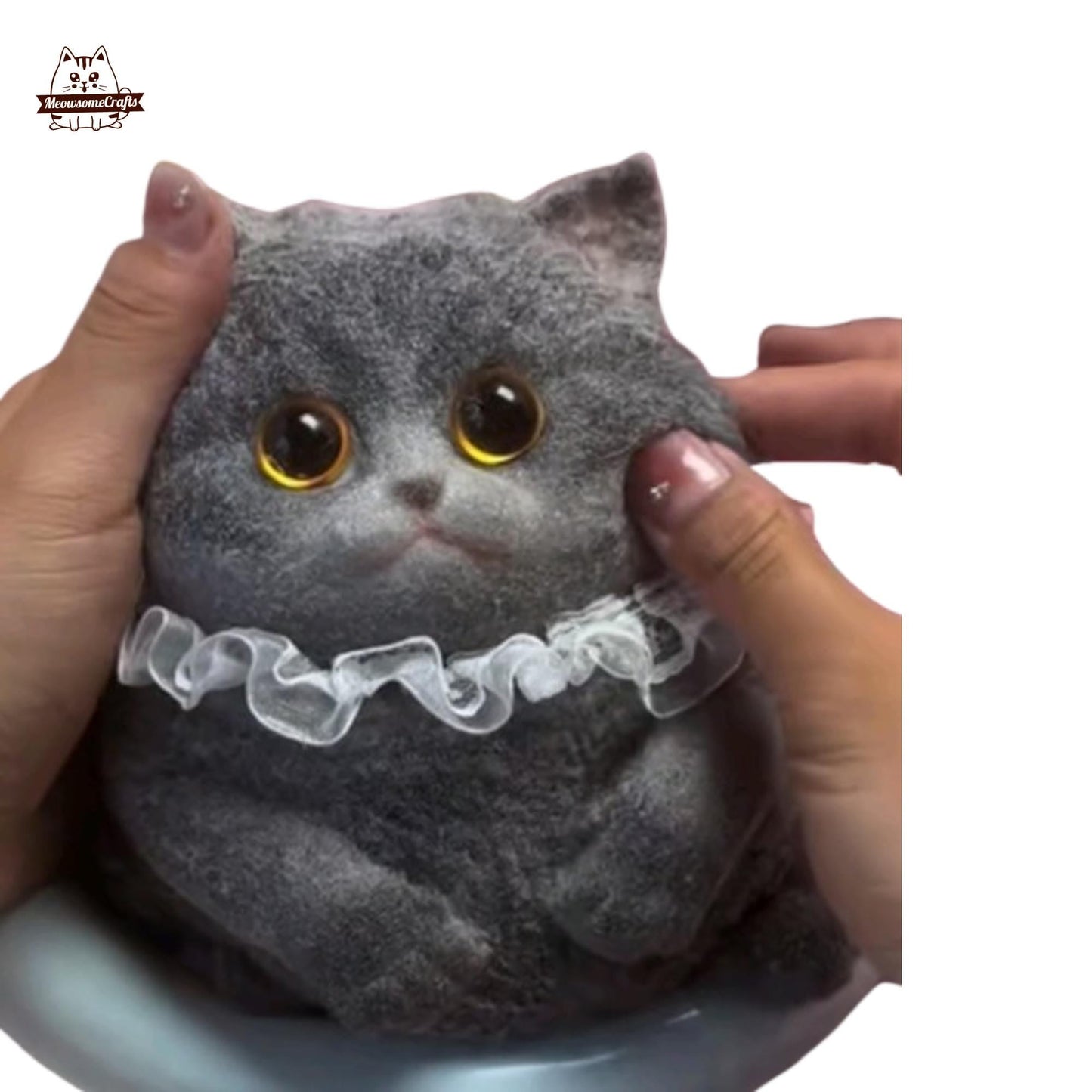 Furry Chubby Black Cat With Lace Collar Animal Handmade Squishy Fidget Toy