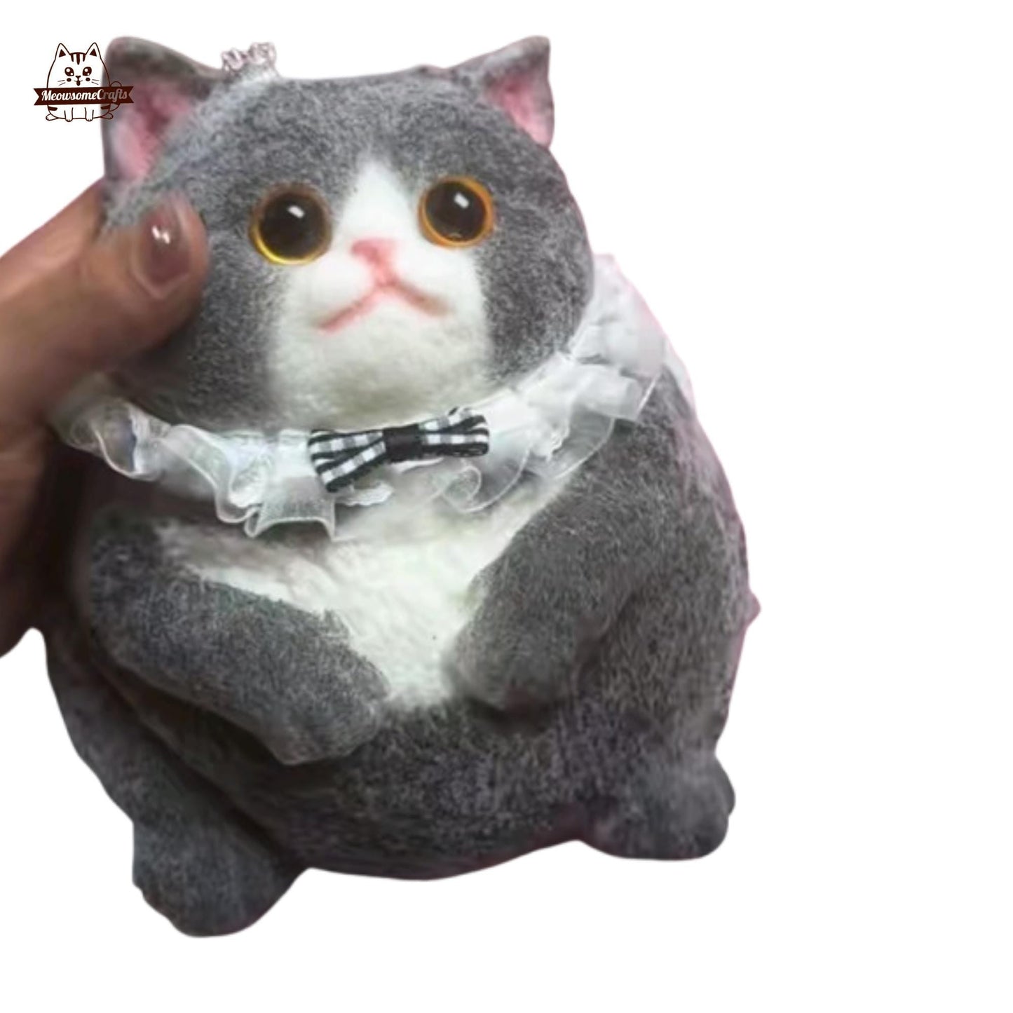 Furry Chubby Gray Cat Lace Bow Collar Animal Handmade Squishy | Washable Squeezable Stress Relief Fidget Toy