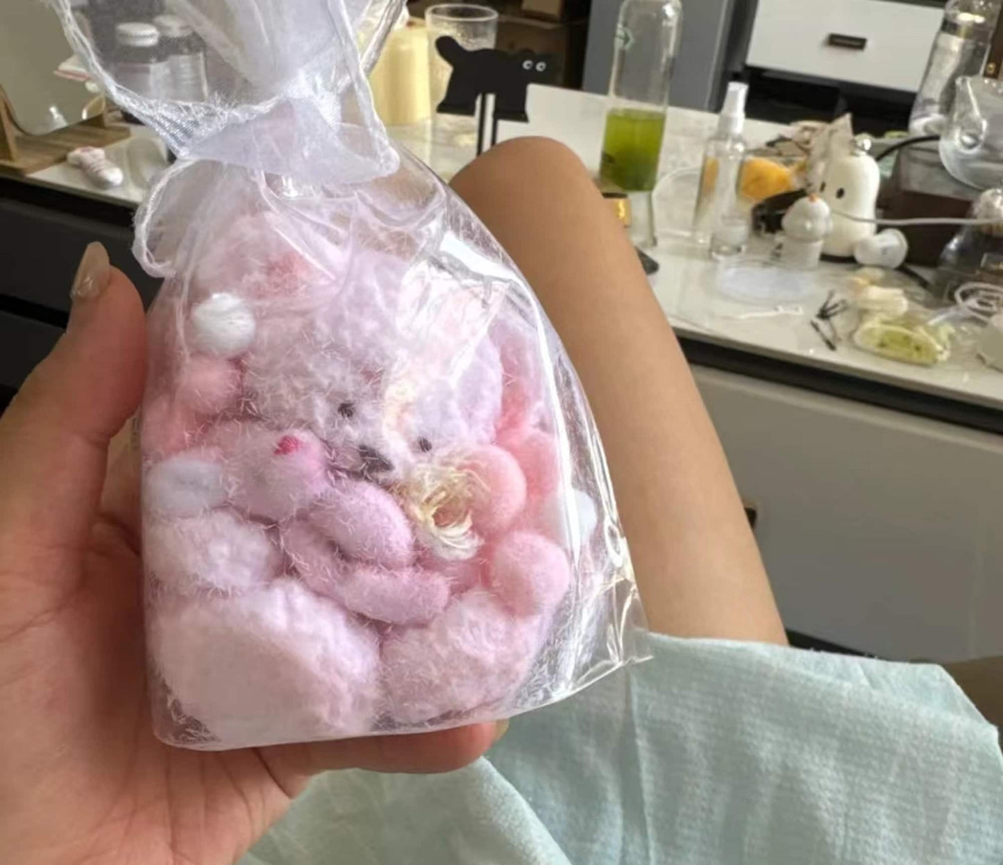 Furry Pink Teddy Bear Holding Rabbit Animal Handmade Taba Squishy | Squeezable Stress Relief Fidget Toy - Squishy