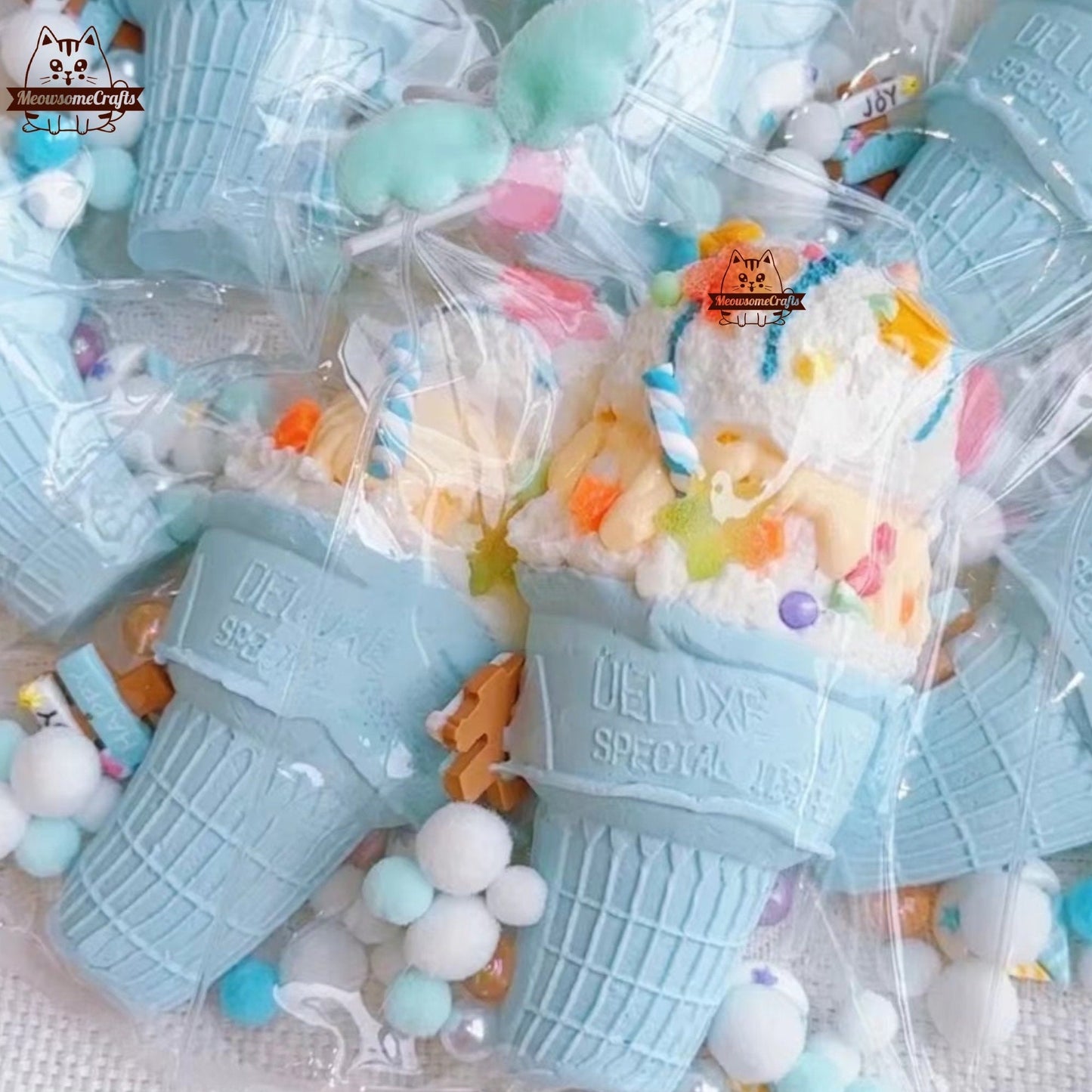 Ice Cream Cone Scoops Sprinkles Candy Dessert Food Handmade Taba Squishy | Squeezable Stress Relief Fidget Toy - Squishy