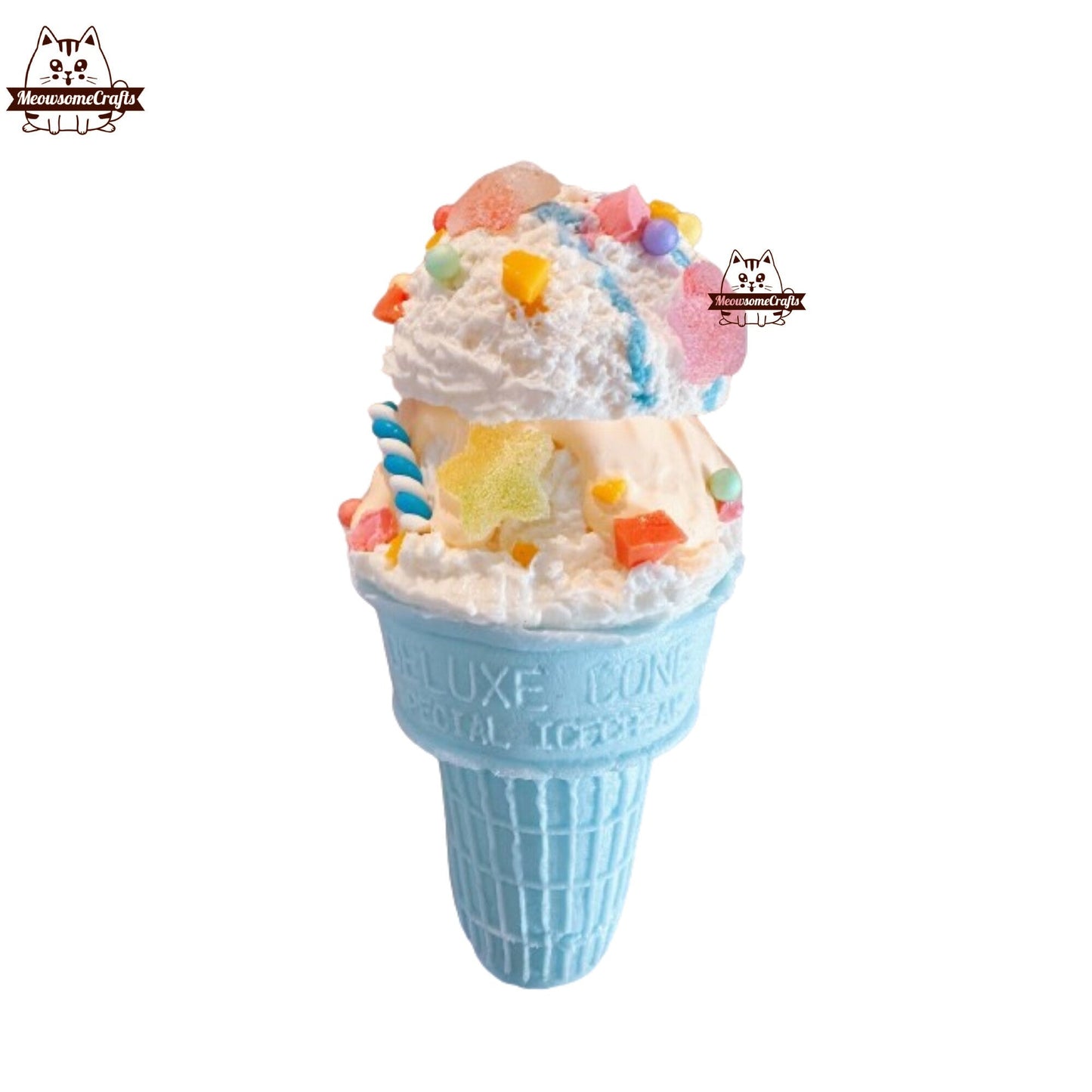 Ice Cream Cone Scoops Sprinkles Candy Dessert Food Handmade Taba Squishy | Squeezable Stress Relief Fidget Toy - C