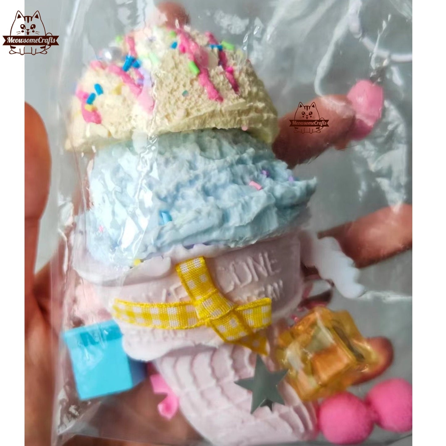 Ice Cream Cone Scoops Sprinkles Candy Dessert Food Handmade Taba Squishy | Squeezable Stress Relief Fidget Toy - Squishy