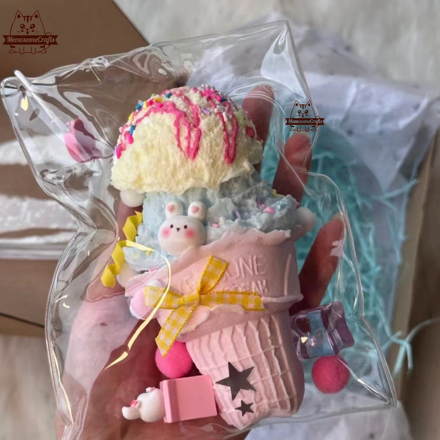 Ice Cream Cone Scoops Sprinkles Candy Dessert Food Handmade Taba Squishy | Squeezable Stress Relief Fidget Toy - Squishy