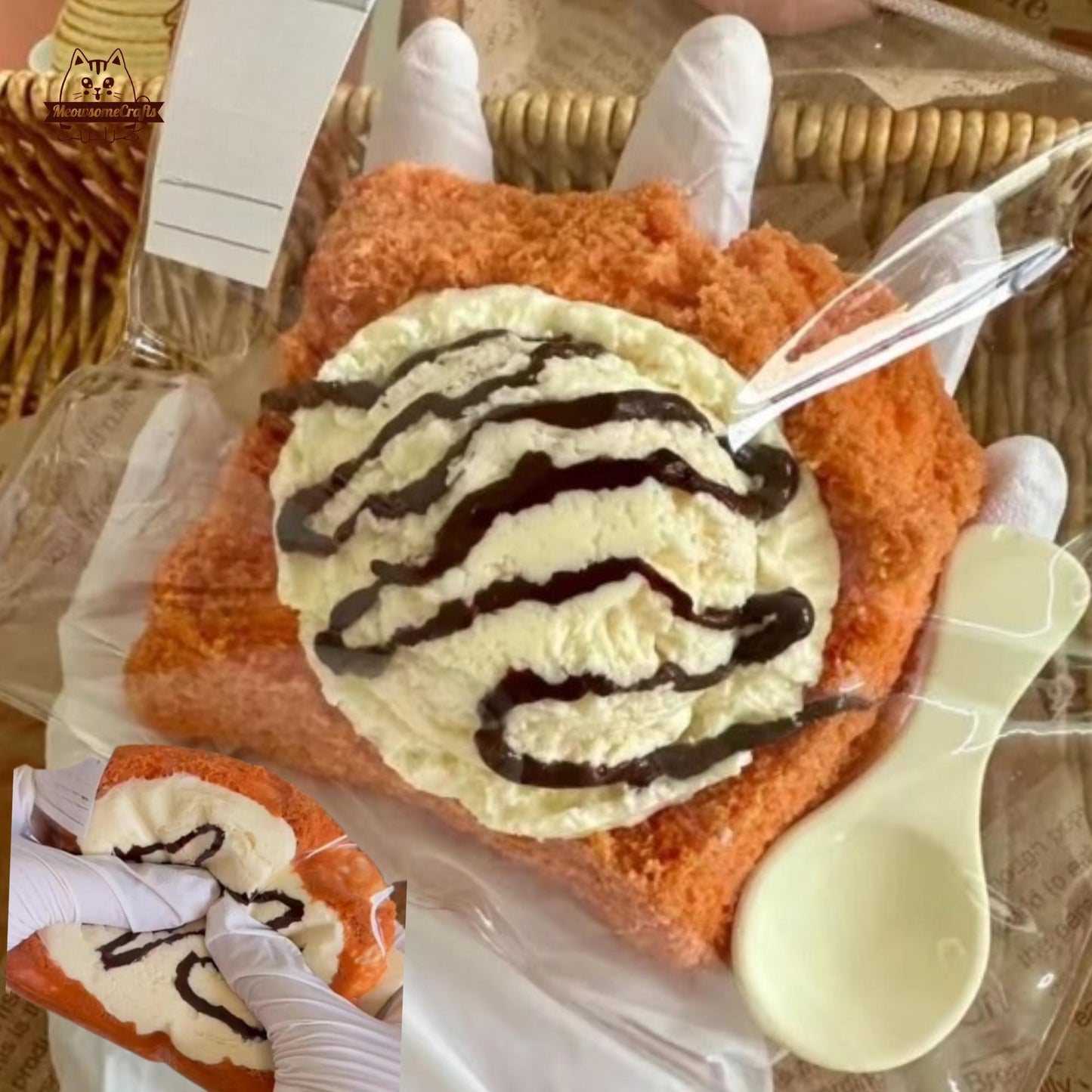 Ice Cream Scoop On Toast Chocolate Drizzle Dessert Food Handmade Taba Squishy | Squeezable Stress Relief Fidget Toy