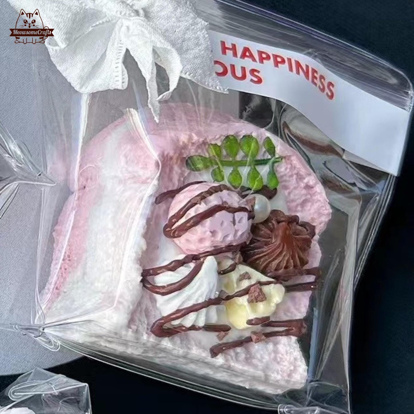 Pink Toast Ice Cream Chocolate Drizzle Dessert Food Handmade Squishy Fidget Toy