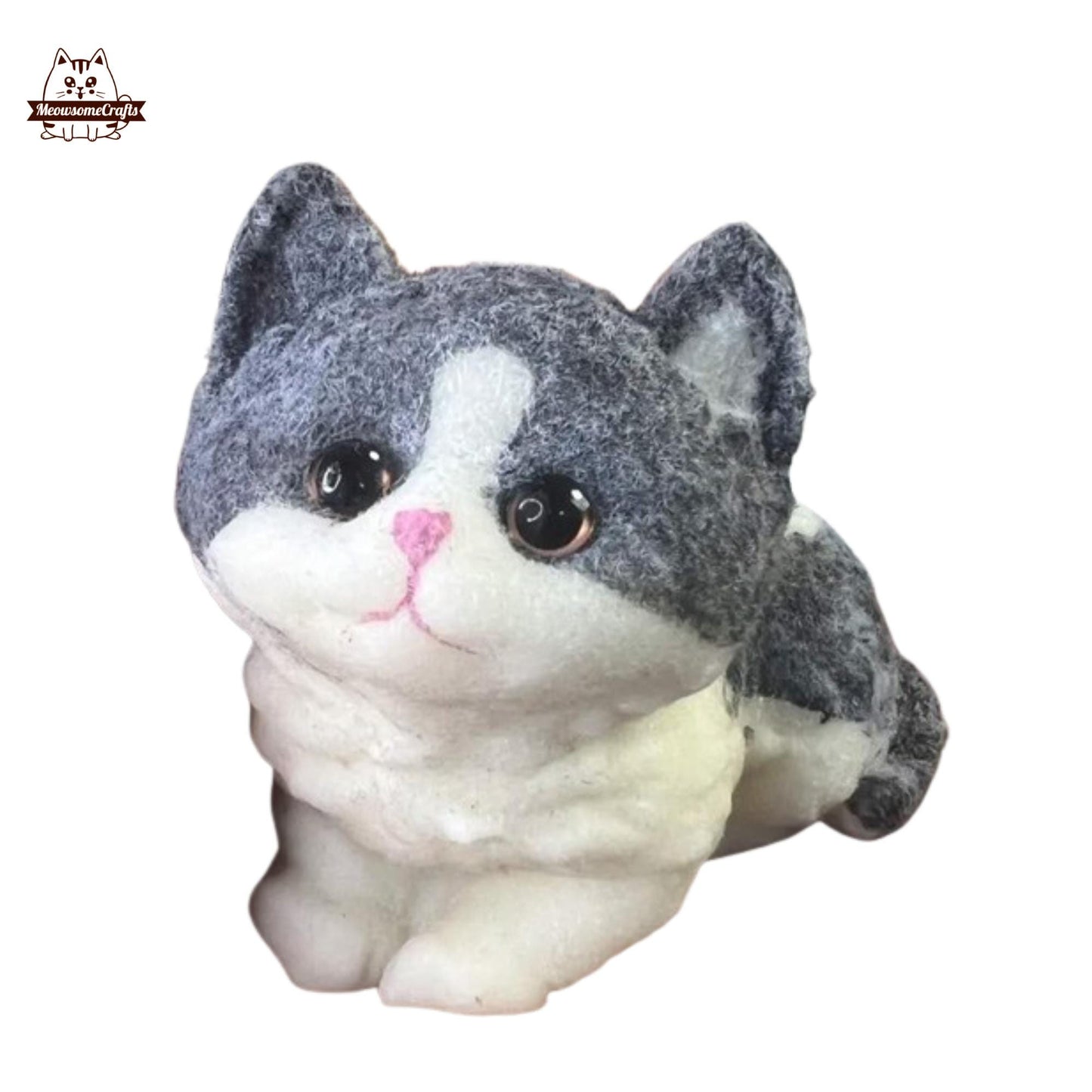 Soft Furry Sitting Gray & White Cat Kitten Animal Handmade Squishy | Washable Squeezable Stress Relief Fidget Toy