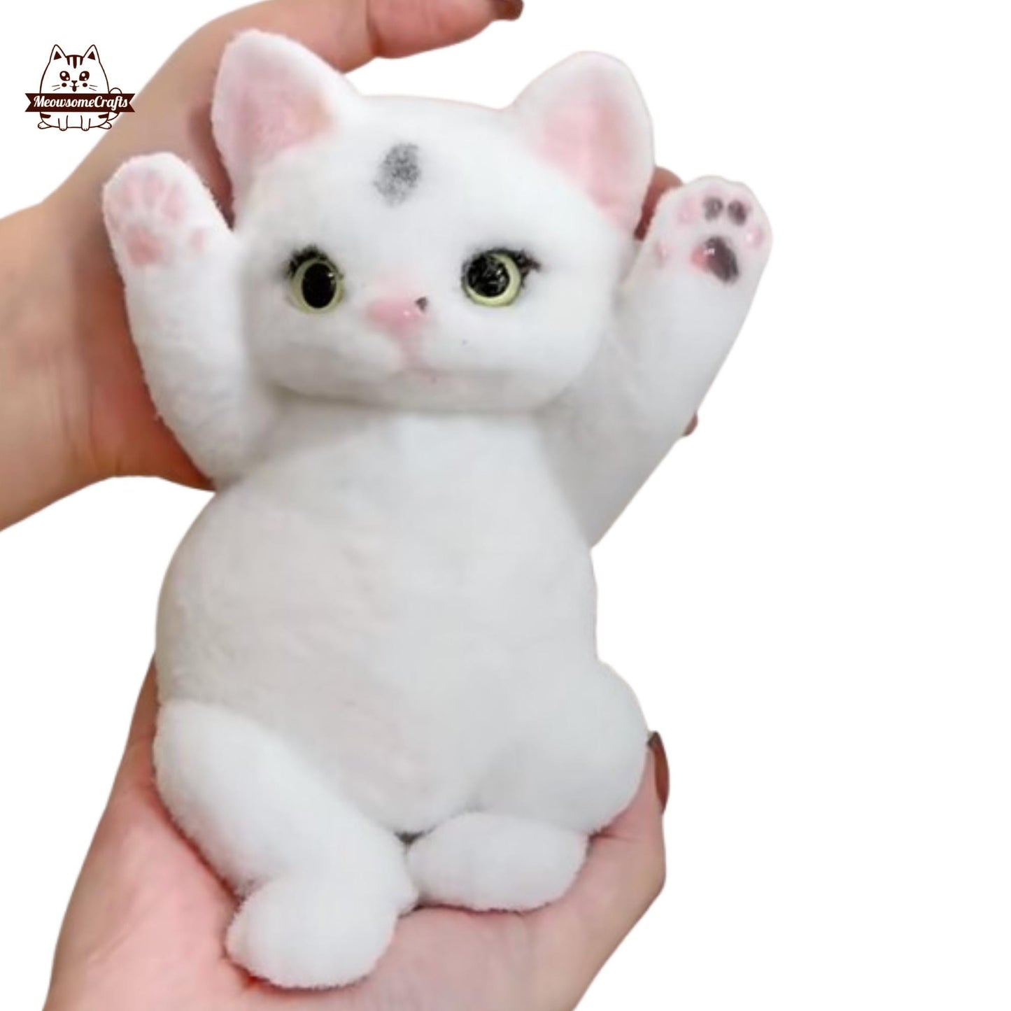 Furry Laying Playful White & Gray Spotted Kitten Cat Animal Handmade Squishy | Washable Squeezable Stress Relief Fidget