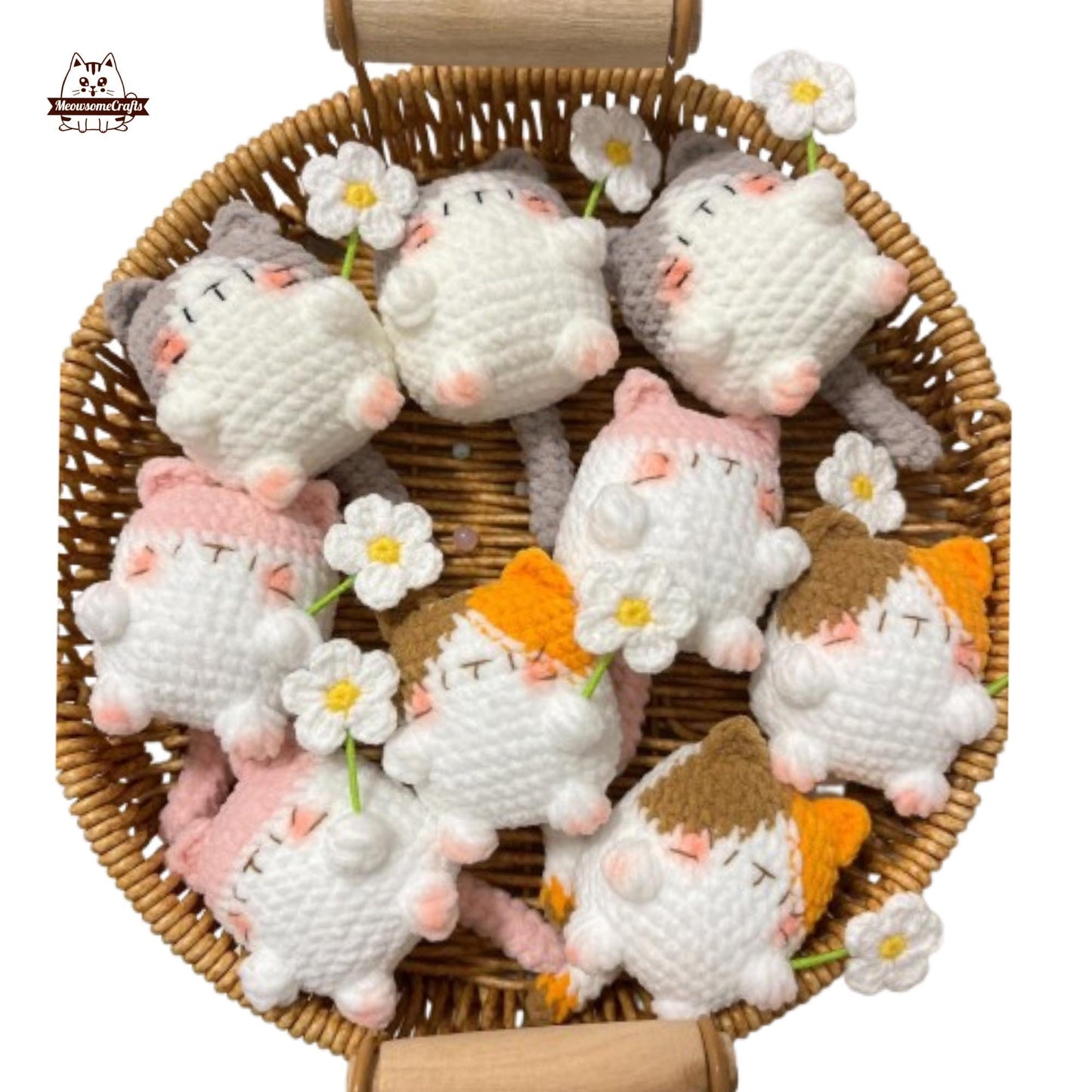 Handmade Finished Crochet Knitted Cat Holding Flower Keychain Pendant | Finished Knitted Animal