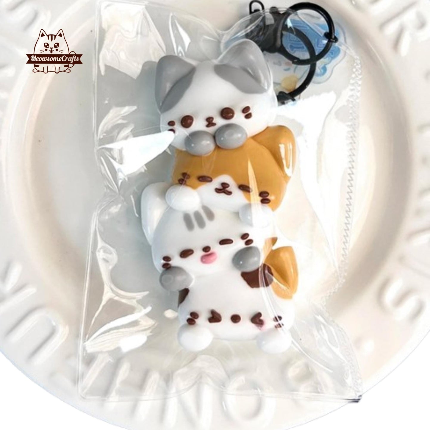 Kawaii Stacked Cats Kittens Keychain Handmade Squishy Fidget Toy