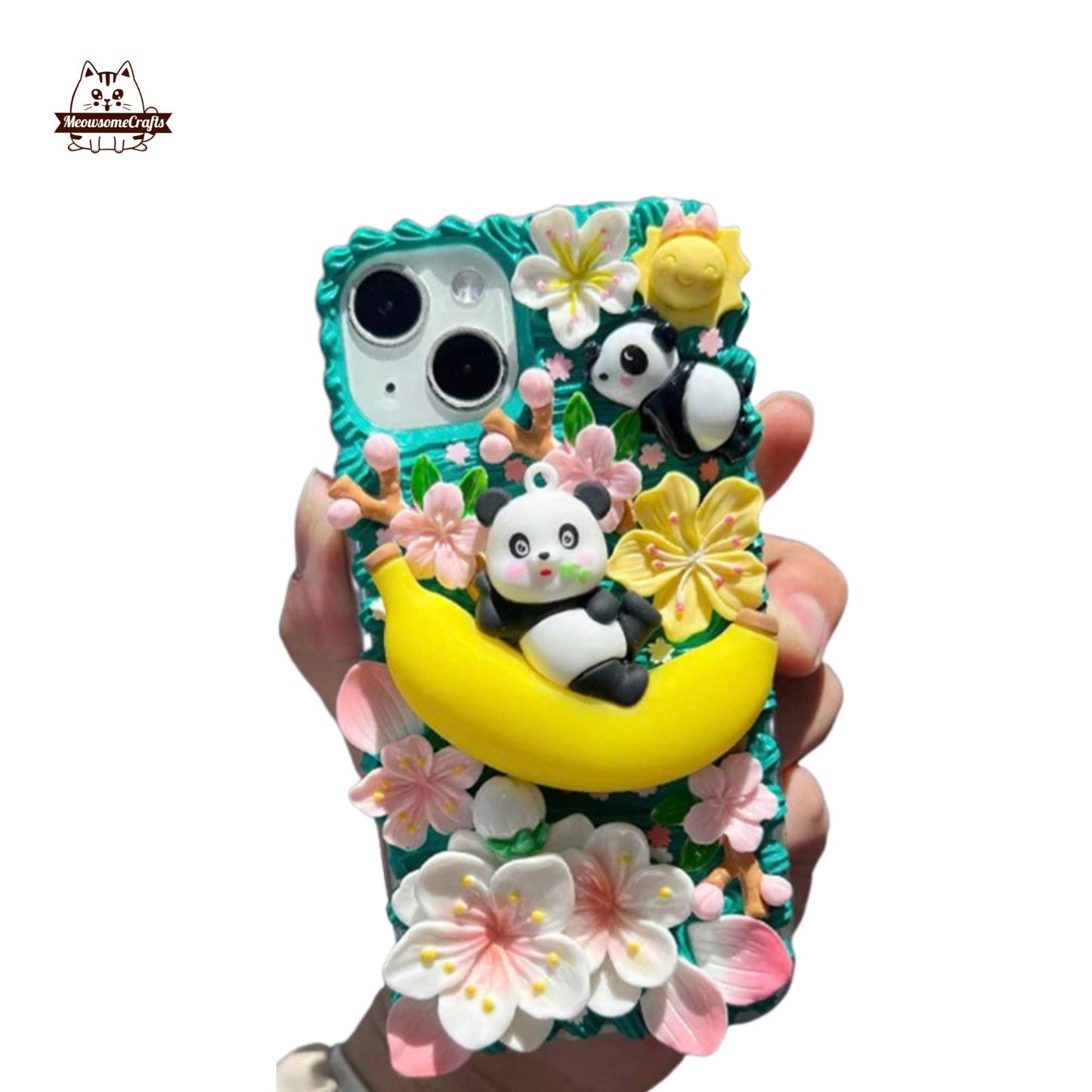 Finished Handmade Decoden Phone Case | Kawaii Panda Banana Cloud Animal Bamboo Charms | Samsung Android iPhone Cases