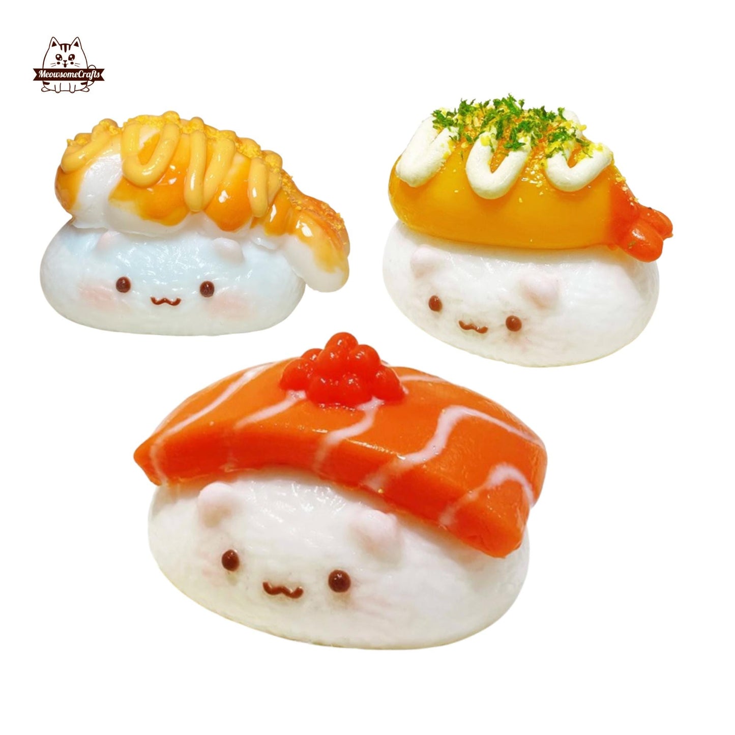 Cute Taba Squishy Cat face Salmon Shrimp Sushi Squeezable Anxiety Stress Relief Sensory Fidget Toys