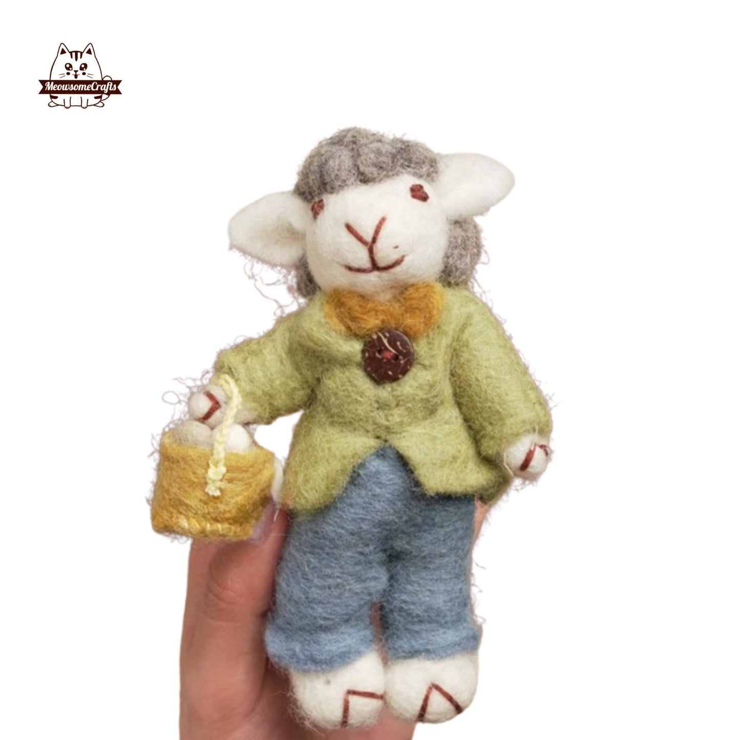 Handmade Finished Felting Couple Sheep Carry Basket Doll Keychain Felted Sitting Animal Felting Gift