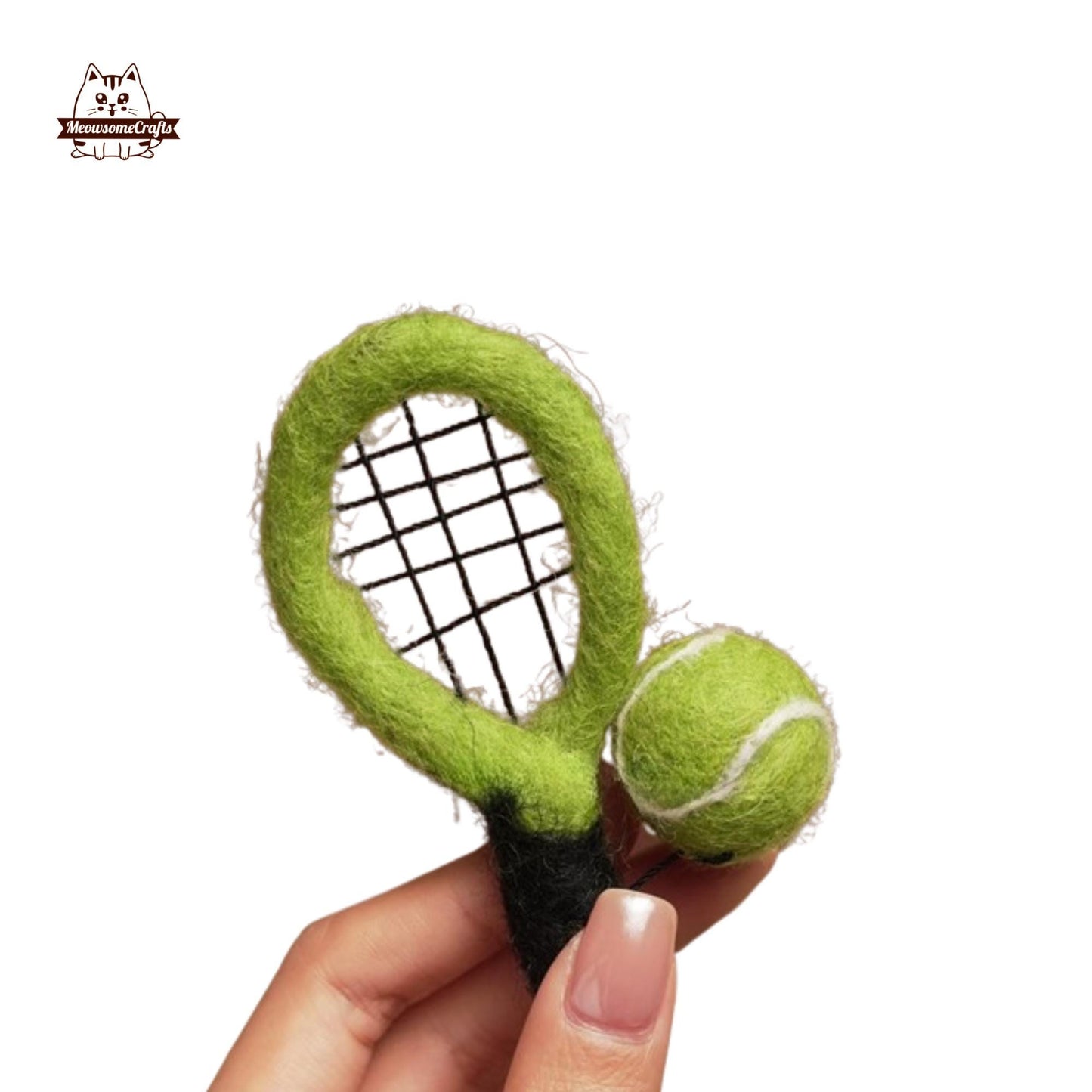 Handmade Finished Felting Tennis Racket Keychain Felted Sitting Animal Felting Gift