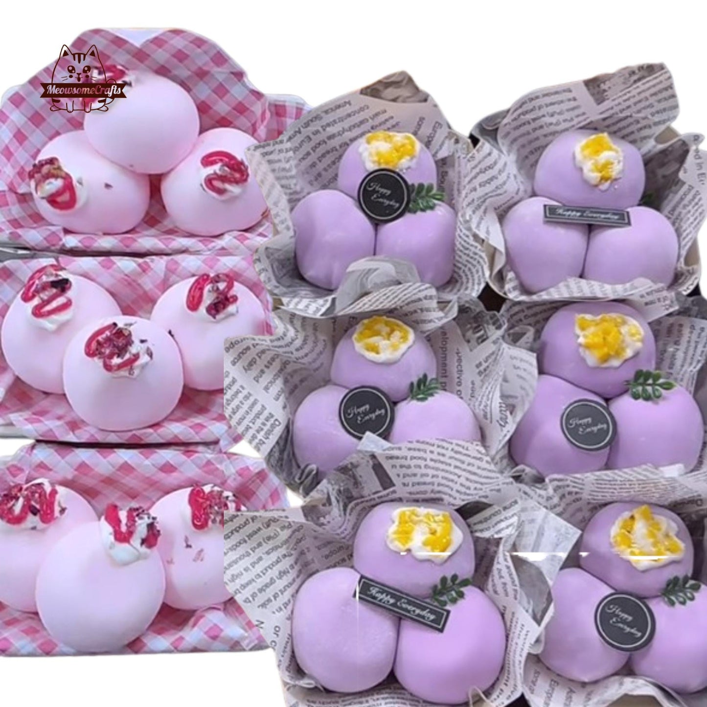 Purple Pink Taro Mochi Bread Trio Food Handmade Squishy Fidget Toy