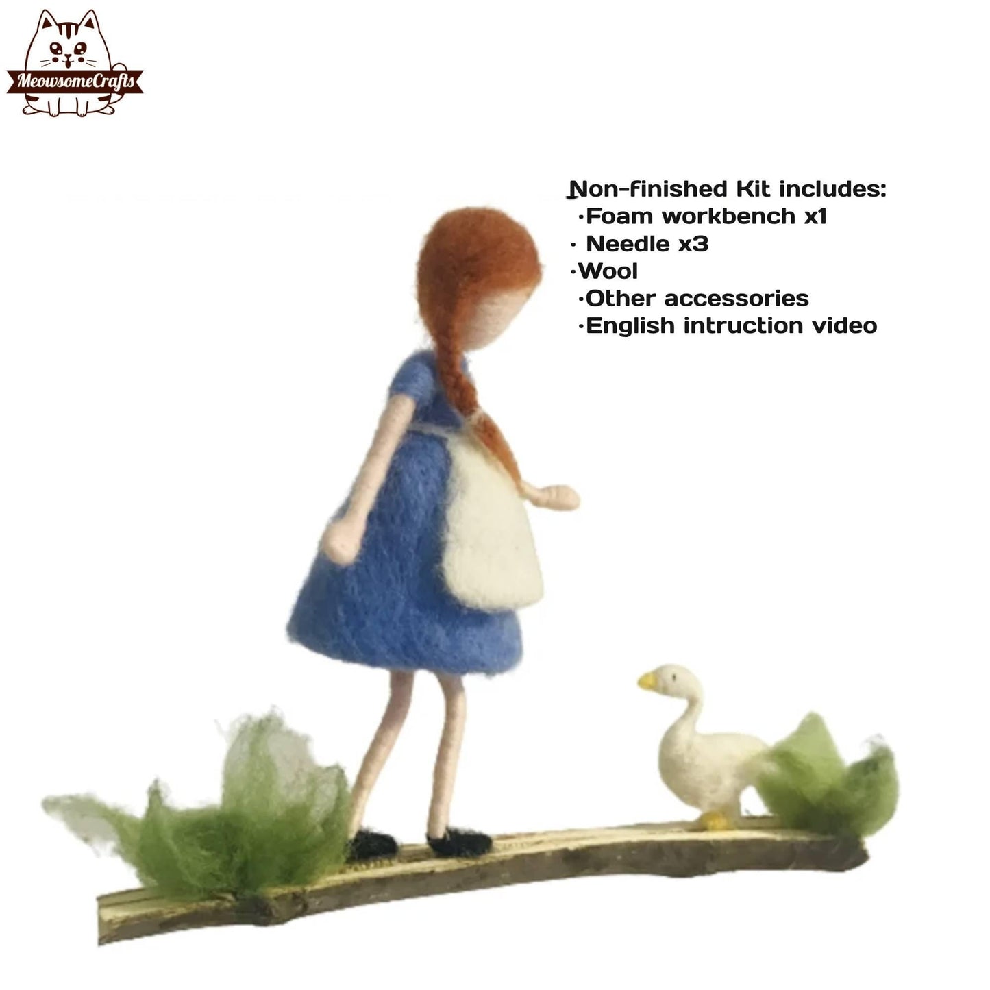 Needle Felting Kit | Blue Dress Girl & Goose On Branch | Beginner Kit Includes Wool & Tools