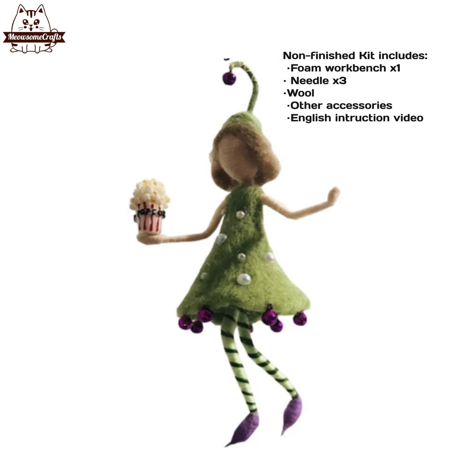 Needle Felting Kit | Christmas Tree Dress Fairy Holding Popcorn | Beginner Kit Includes Wool & Tools
