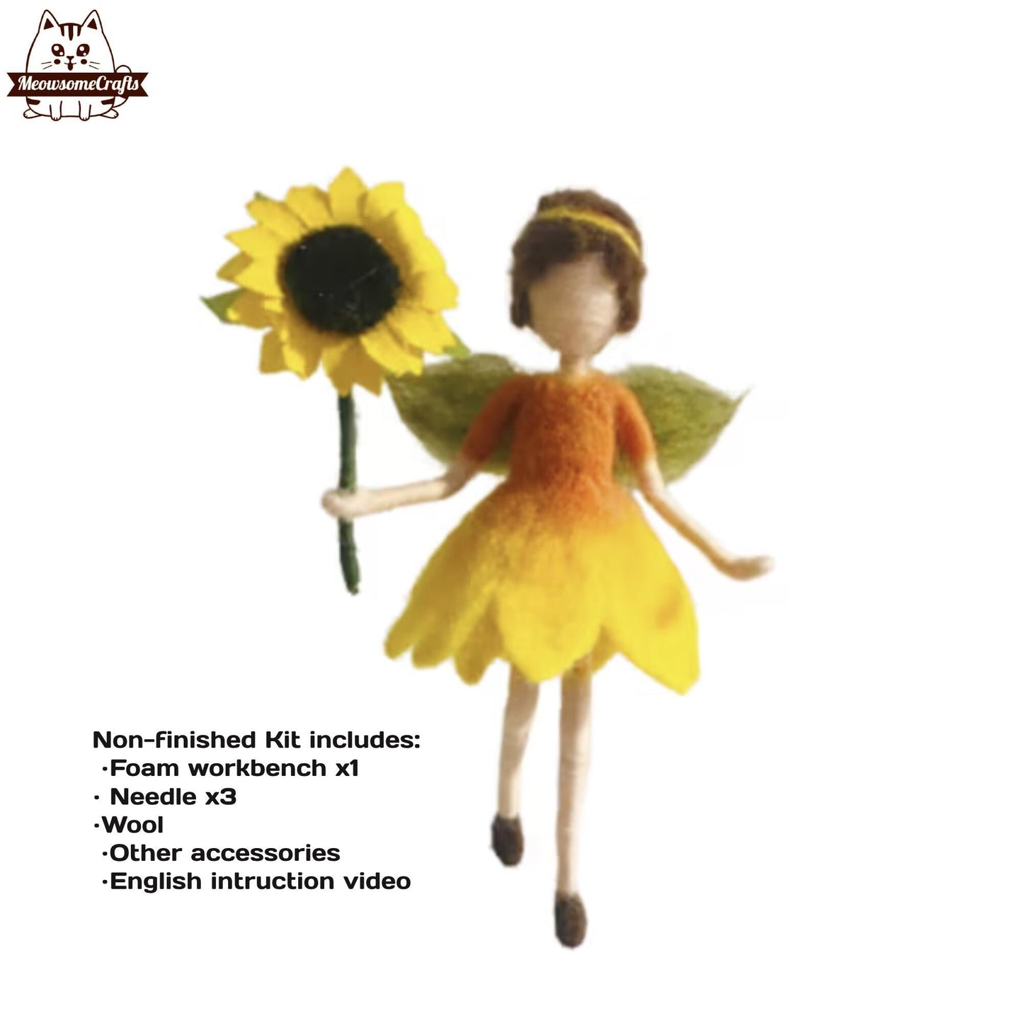 Needle Felting Kit | Flower Dress Fairy Holding Sunflower | Beginner Kit Includes Wool & Tools - MeowsomeCrafts