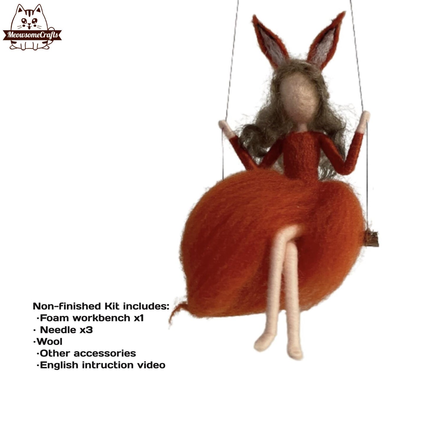 Needle Felting Kit | Orange Dress Fox Girl With Ears & Tail On Swing | Beginner Kit Includes Wool & Tools