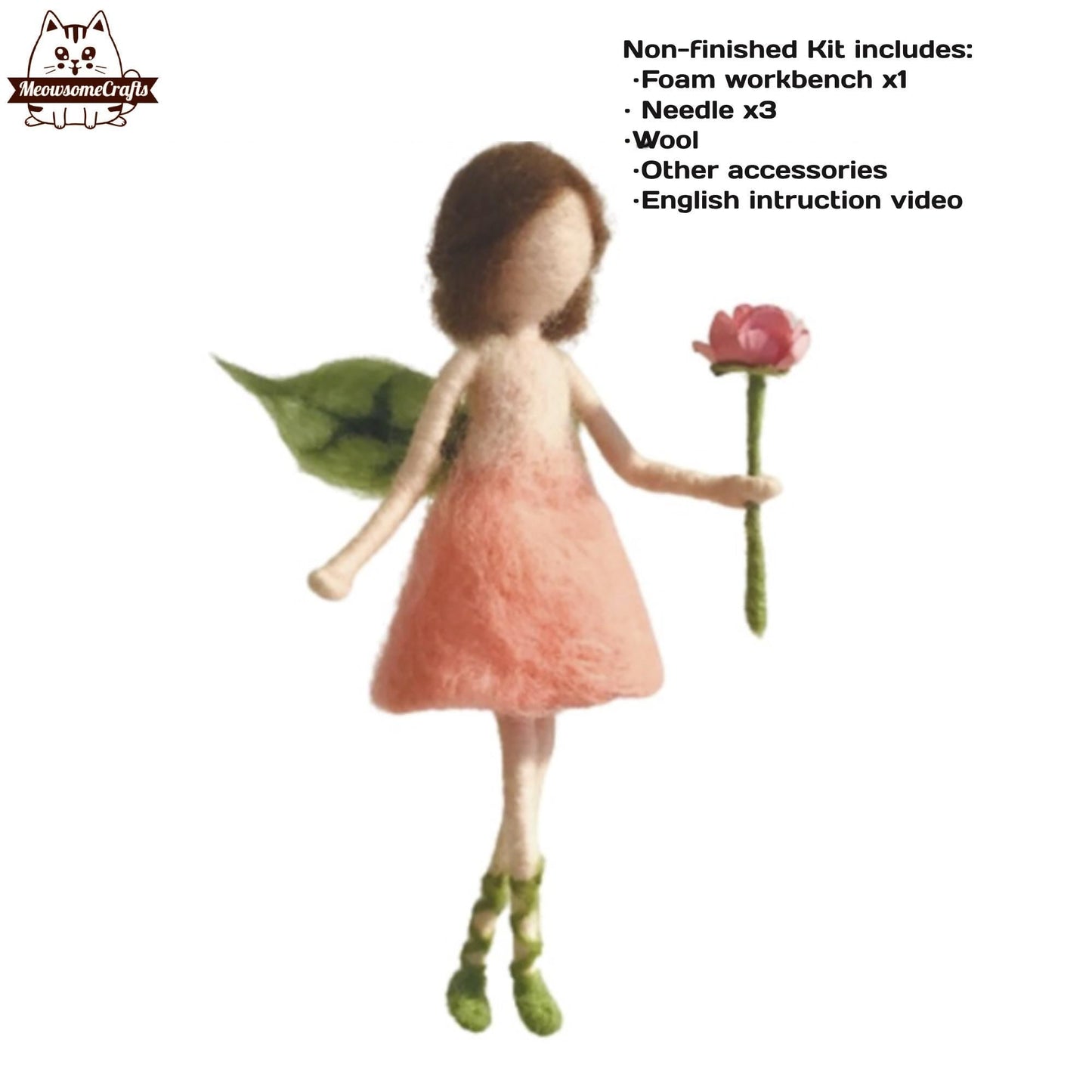 Needle Felting Kit | Peach Dress Fairy Holding Flower | Beginner Kit Includes Wool & Tools