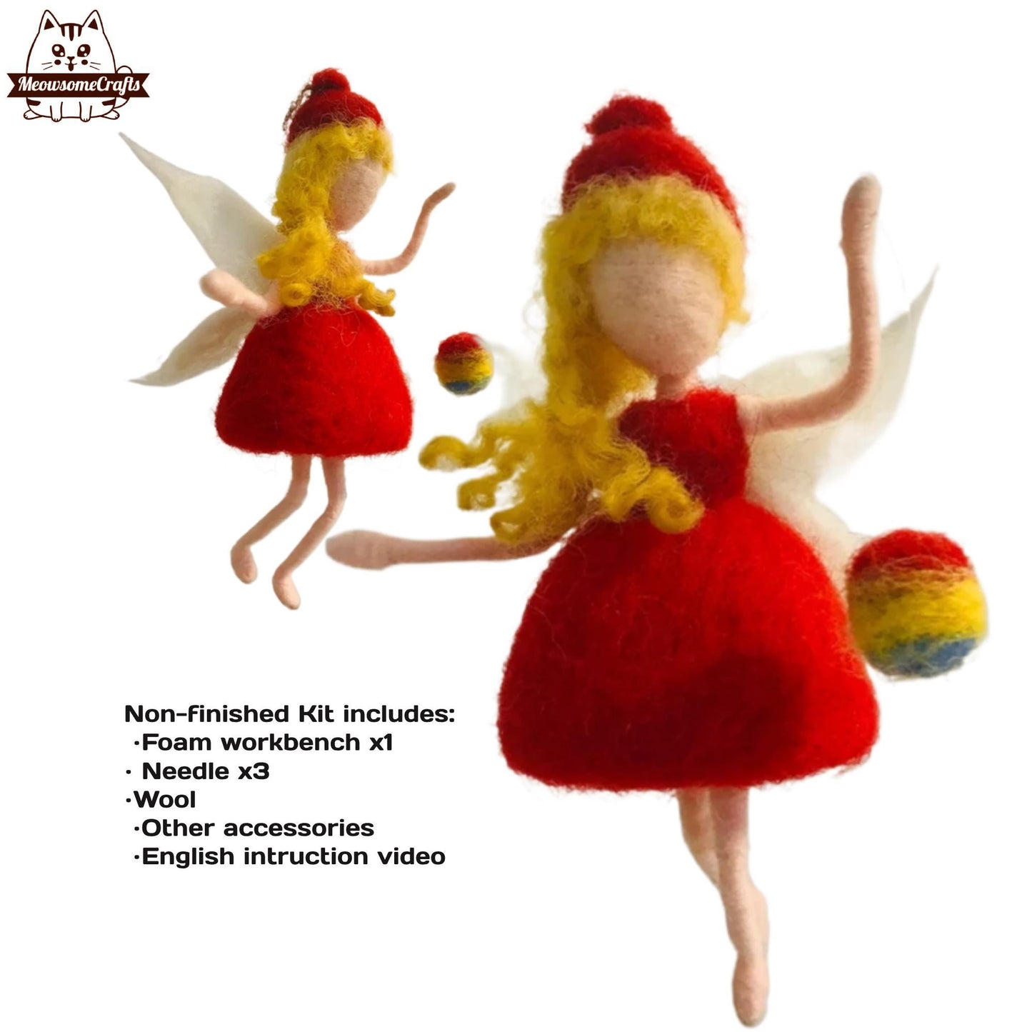 Needle Felting Kit | Red Christmas Dress Fairy Holding Ball Decoration | Beginner Kit Includes Wool & Tools