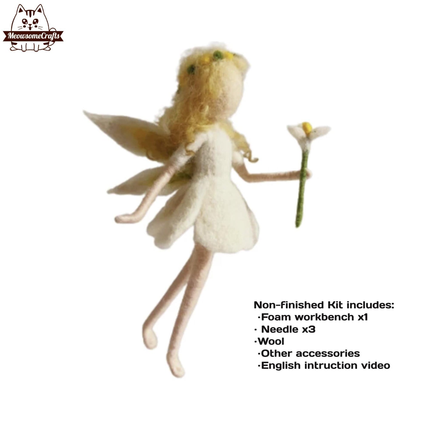 Needle Felting Kit | White Dress Flower Fairy Holding Flower | Beginner Kit Includes Wool & Tools