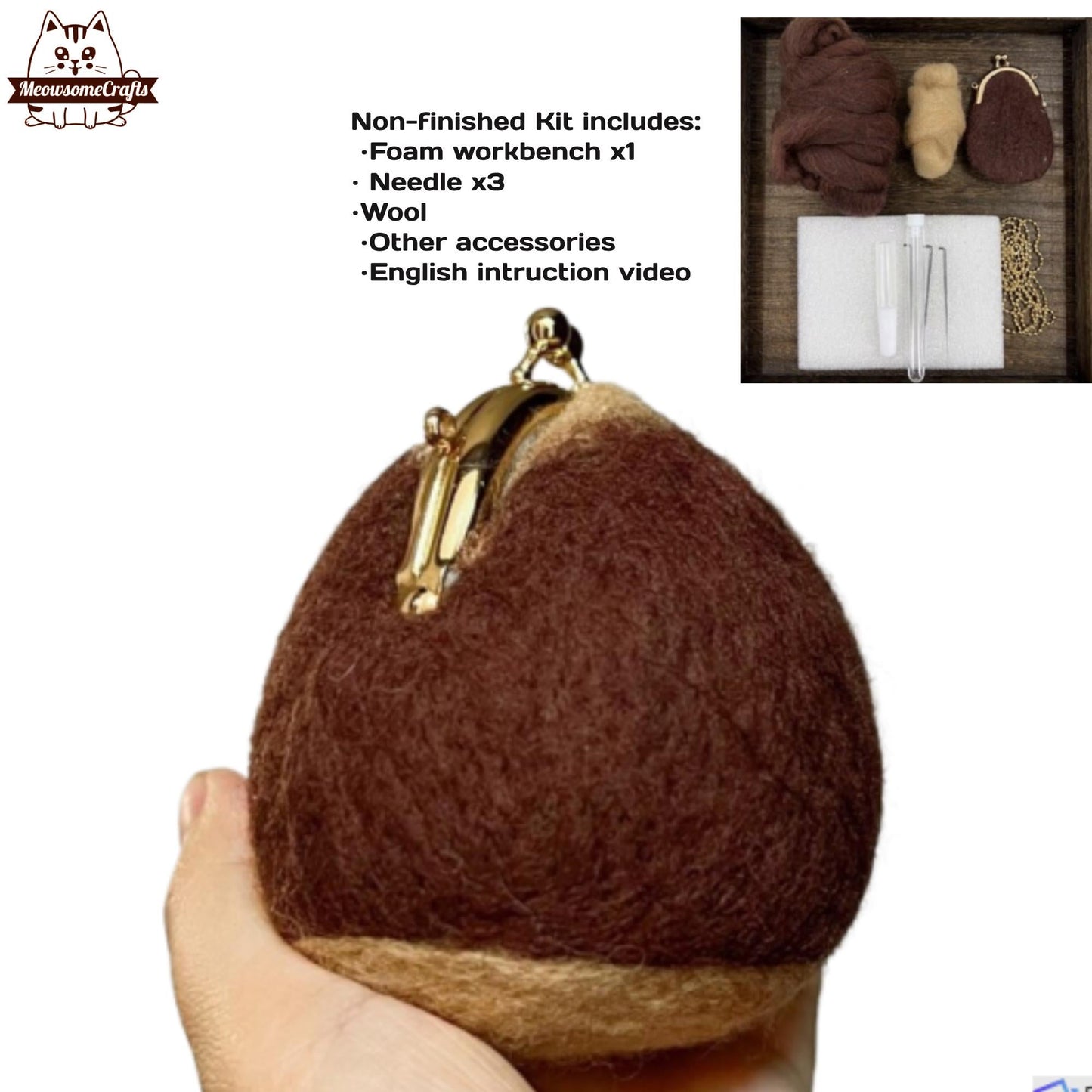 Needle Felting Kits | Acorn Clasp Coin Purse Bag Leather Strap | Beginner Kit Includes Wool & Tools