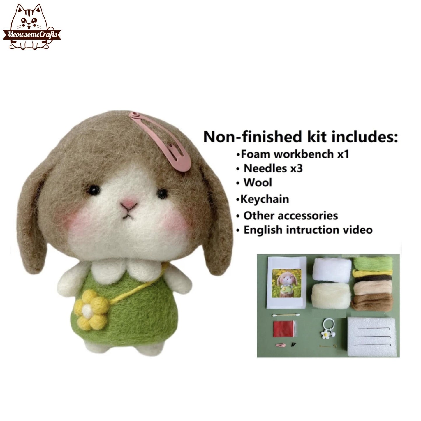 Needle Felting Kits | Baby Rabbit In Green Dress Flower Purse | Beginner Kit Includes Wool & Tools