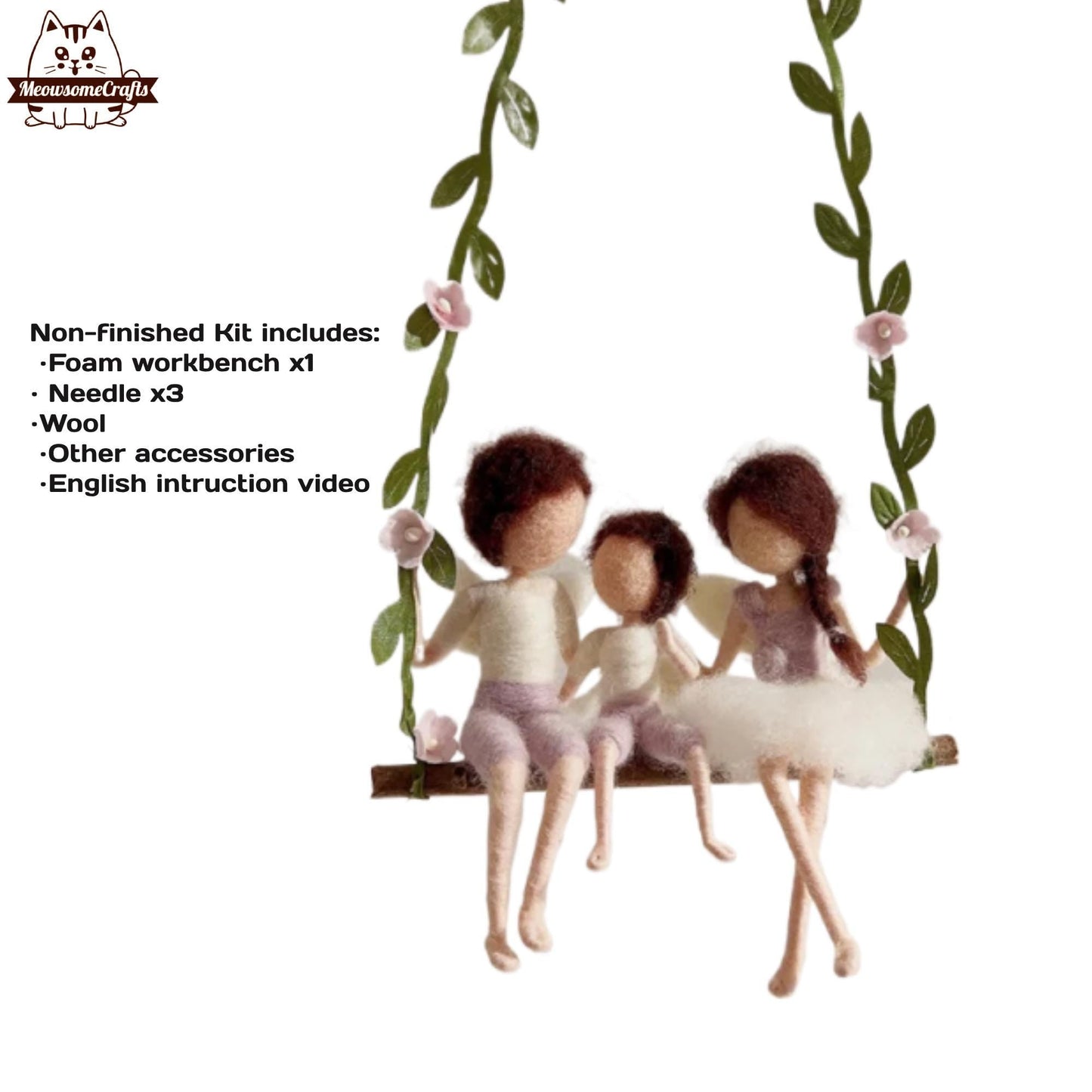 Needle Felting Kits | Mother Father Daughter On Swing | Beginner Kit Includes Wool & Tools - Purple