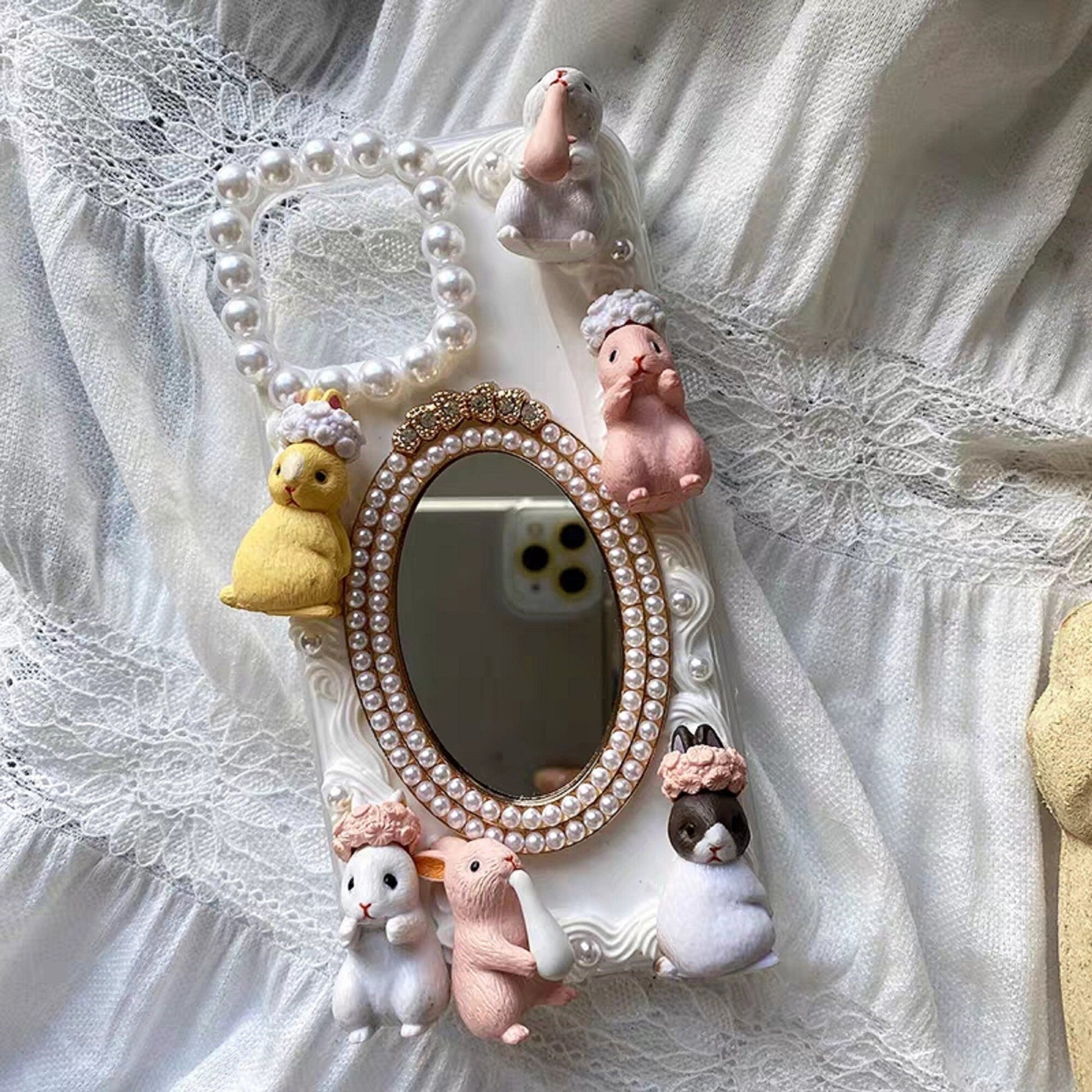 Decoden Custom Phone Case DIY Craft Kit | Flower Crown Rabbits Pearl Frame Mirror Charms | Samsung Android iPhone Cases - MeowsomeCrafts