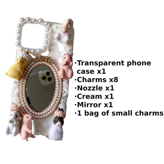 Decoden Custom Phone Case DIY Craft Kit | Flower Crown Rabbits Pearl Frame Mirror Charms | Samsung Android iPhone Cases - MeowsomeCrafts