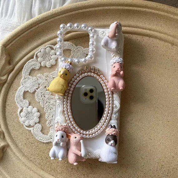 Decoden Custom Phone Case DIY Craft Kit | Flower Crown Rabbits Pearl Frame Mirror Charms | Samsung Android iPhone Cases - MeowsomeCrafts