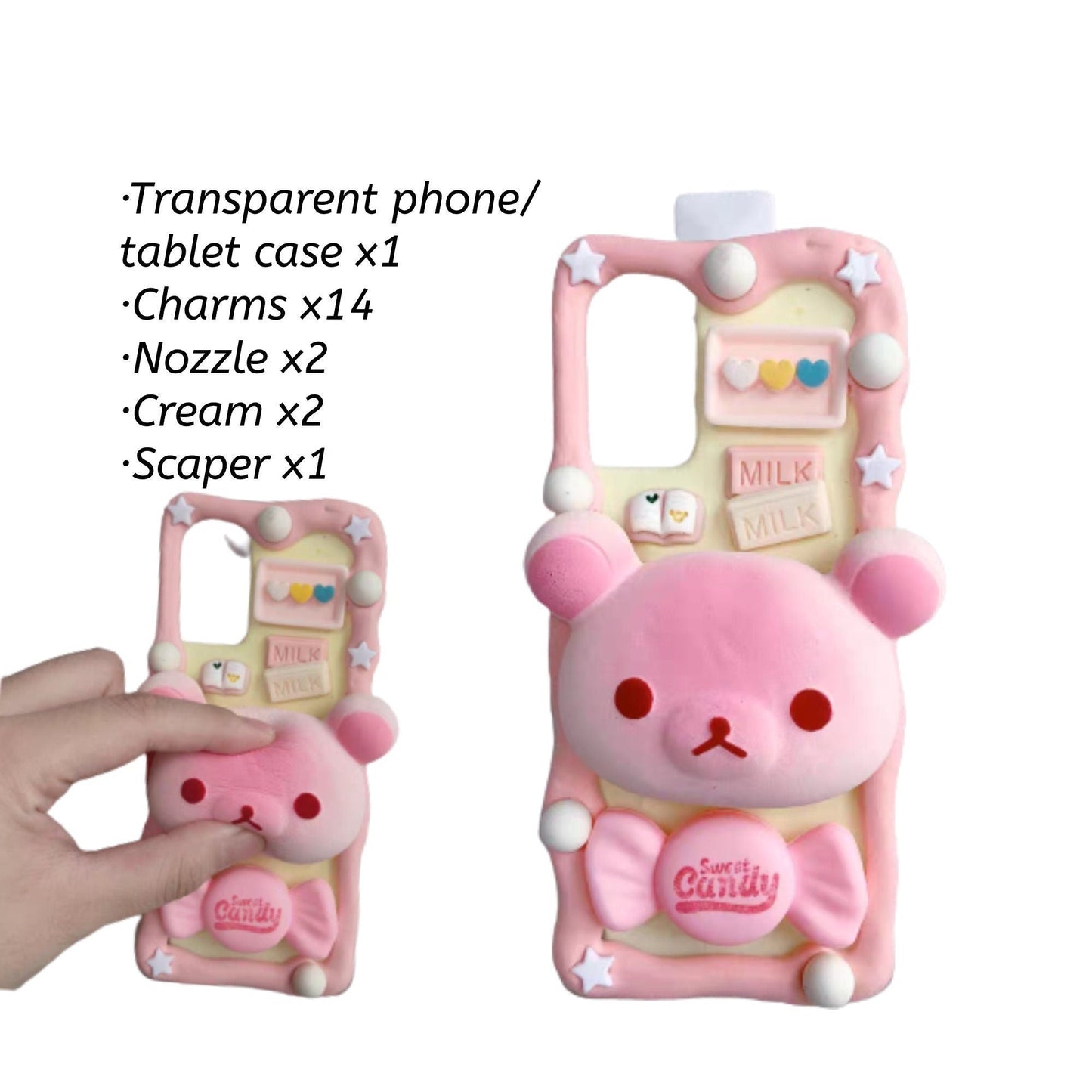 Decoden Custom Phone Case DIY Craft Kit | Pink Squishy Teddy Bear Candy Stars Pearls Charms | Samsung Android iPhone Cases - MeowsomeCrafts