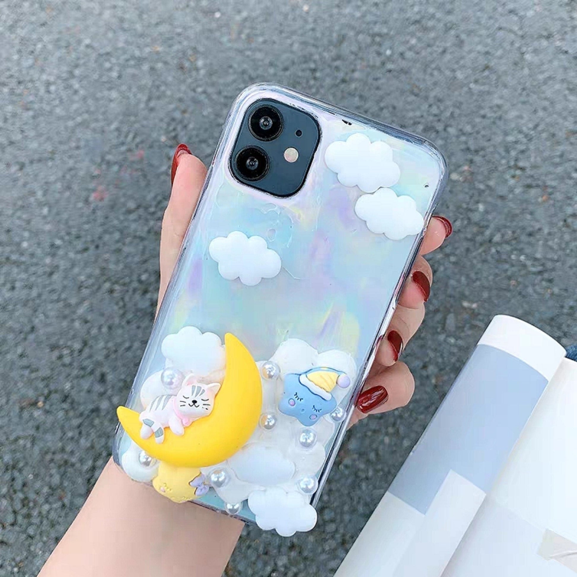 Decoden Custom Phone Case DIY Craft Kit | Sleeping Cat Crescent Moon Stars Clouds Pearls Charms | Samsung Android iPhone Cases - MeowsomeCrafts