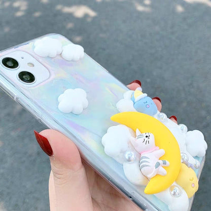 Decoden Custom Phone Case DIY Craft Kit | Sleeping Cat Crescent Moon Stars Clouds Pearls Charms | Samsung Android iPhone Cases - MeowsomeCrafts