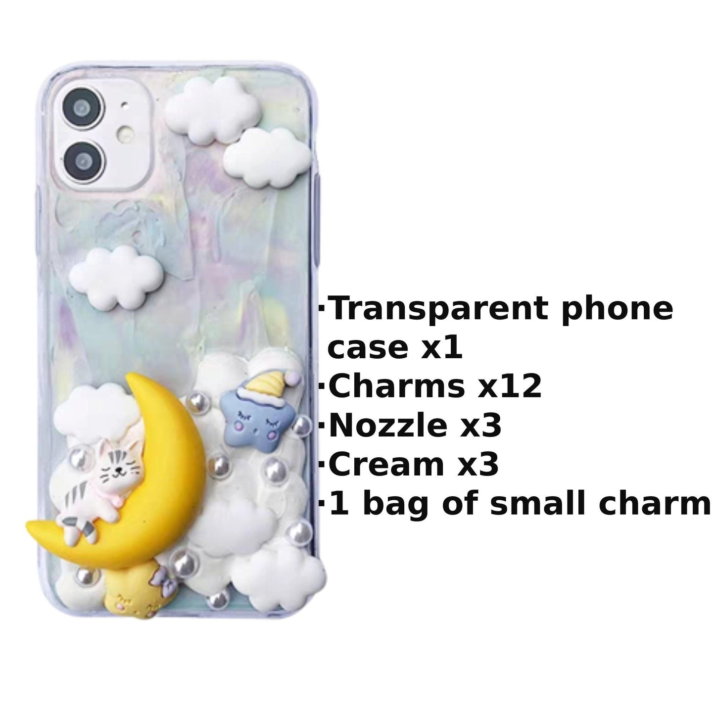 Decoden Custom Phone Case DIY Craft Kit | Sleeping Cat Crescent Moon Stars Clouds Pearls Charms | Samsung Android iPhone Cases - MeowsomeCrafts