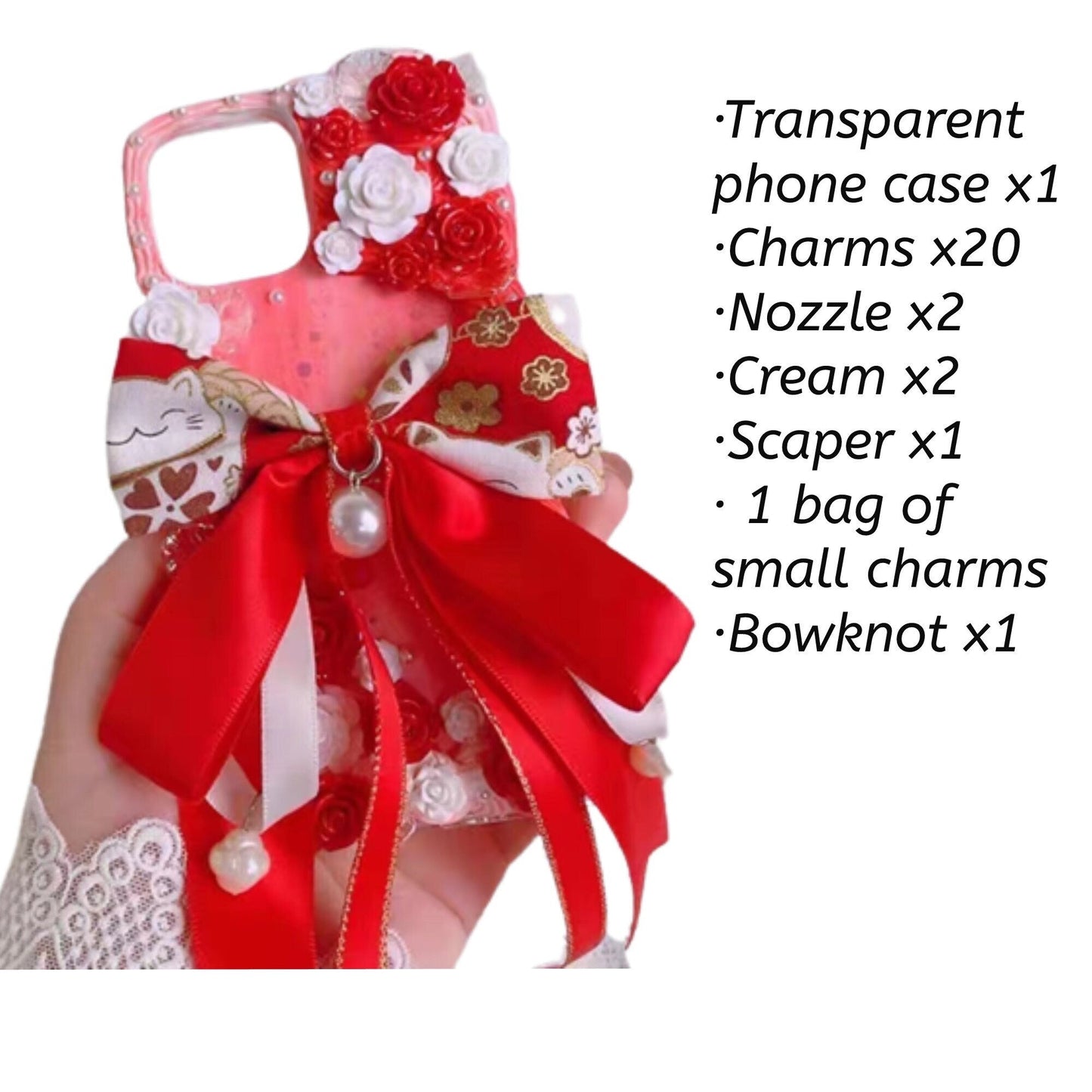 Decoden Custom Phone Case DIY Craft Kits | Big Red Black Bow Fortune Lucky Cat Flowers Pearls Charms | Samsung Android iPhone Cases - MeowsomeCrafts