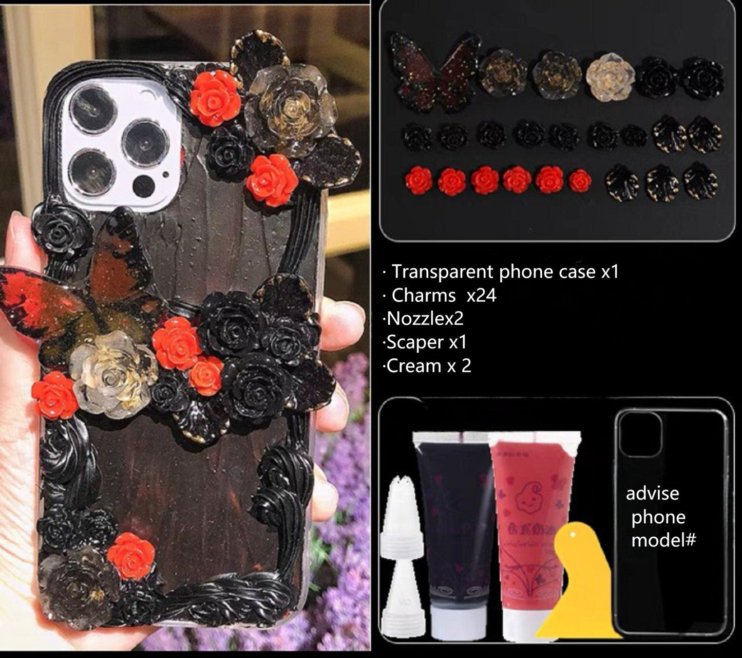 Decoden Custom Phone Case DIY Craft Kits | Black White Red Roses Butterflies Frame Pearl Bow Star Charms | Samsung Android iPhone Cases - MeowsomeCrafts