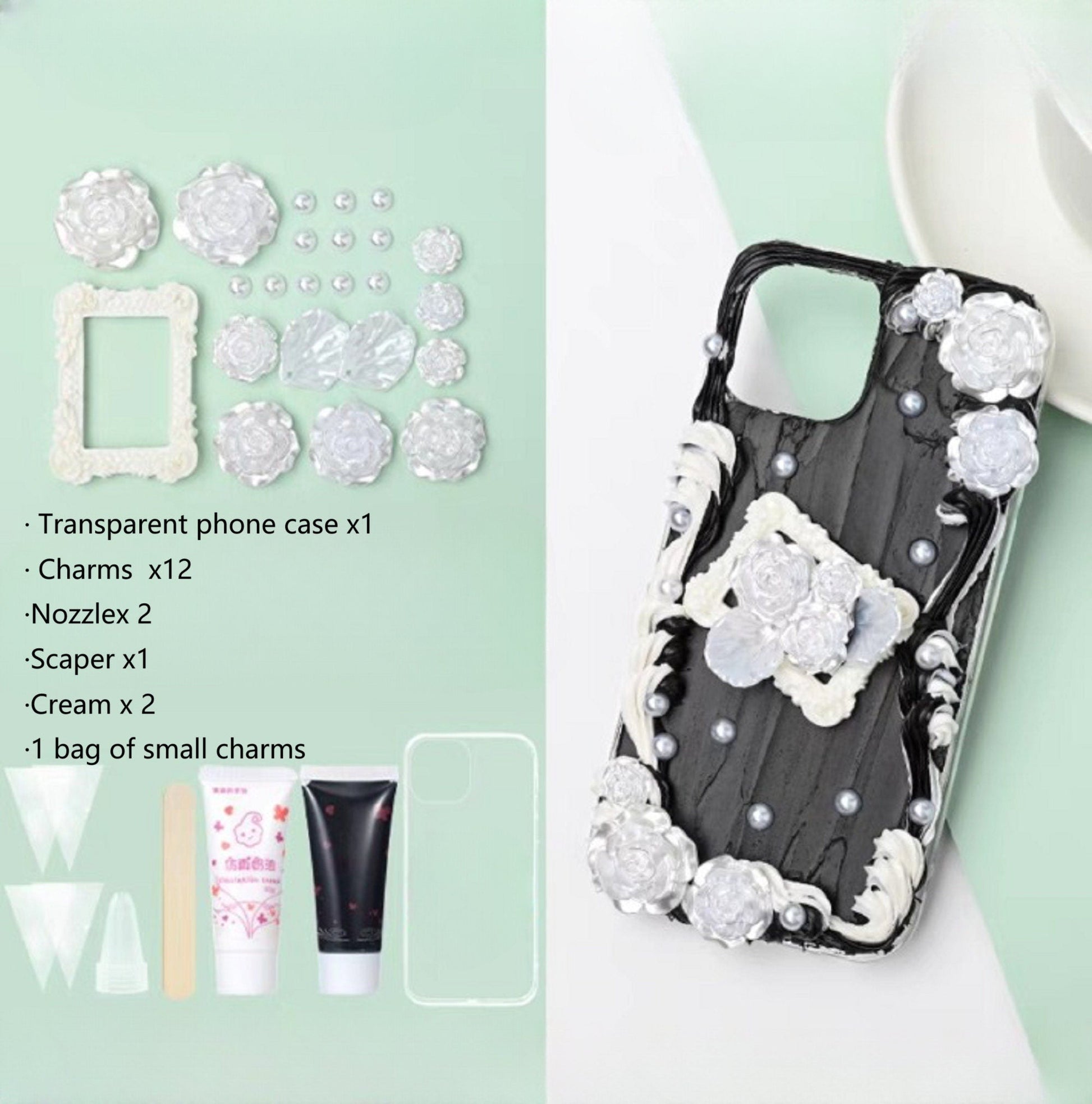 Decoden Custom Phone Case DIY Craft Kits | Black White Red Roses Butterflies Frame Pearl Bow Star Charms | Samsung Android iPhone Cases - MeowsomeCrafts