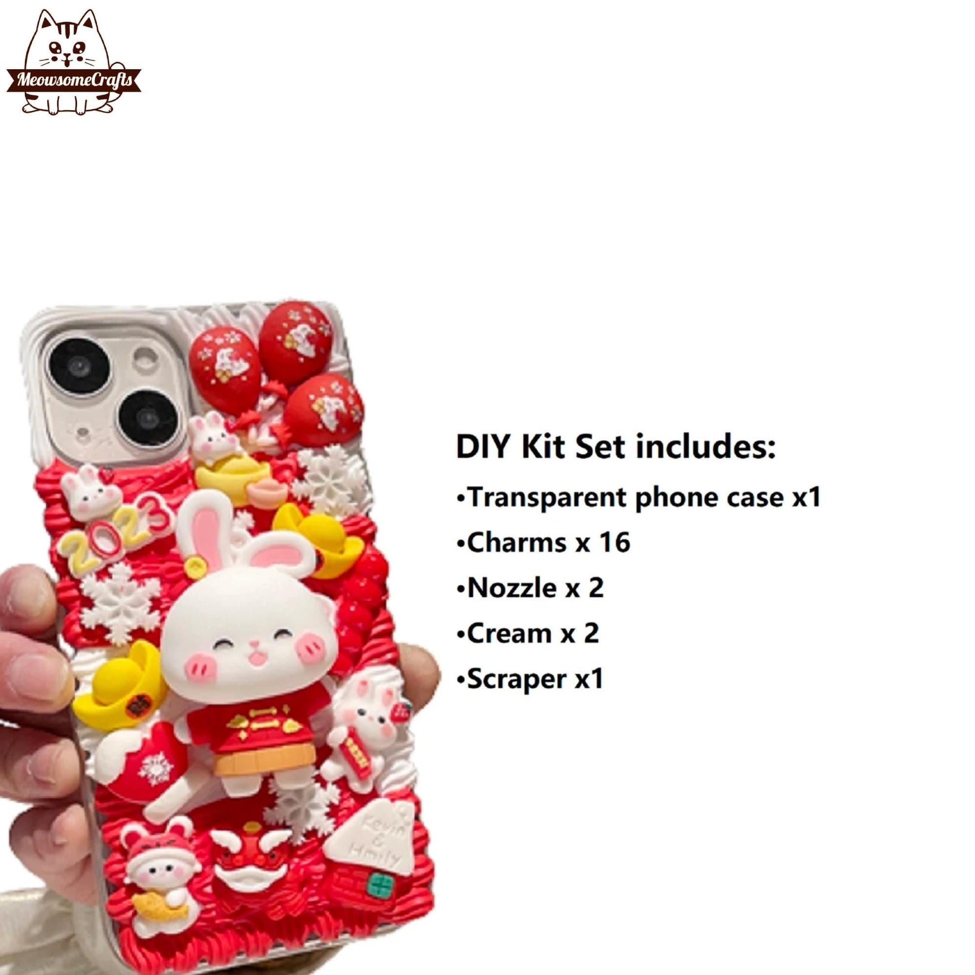 Decoden Custom Phone Case DIY Craft Kits | Chinese Lion Dance Hat Rabbit Baby Rabbits Lucky Bag Charms | Samsung Android iPhone Cases - MeowsomeCrafts