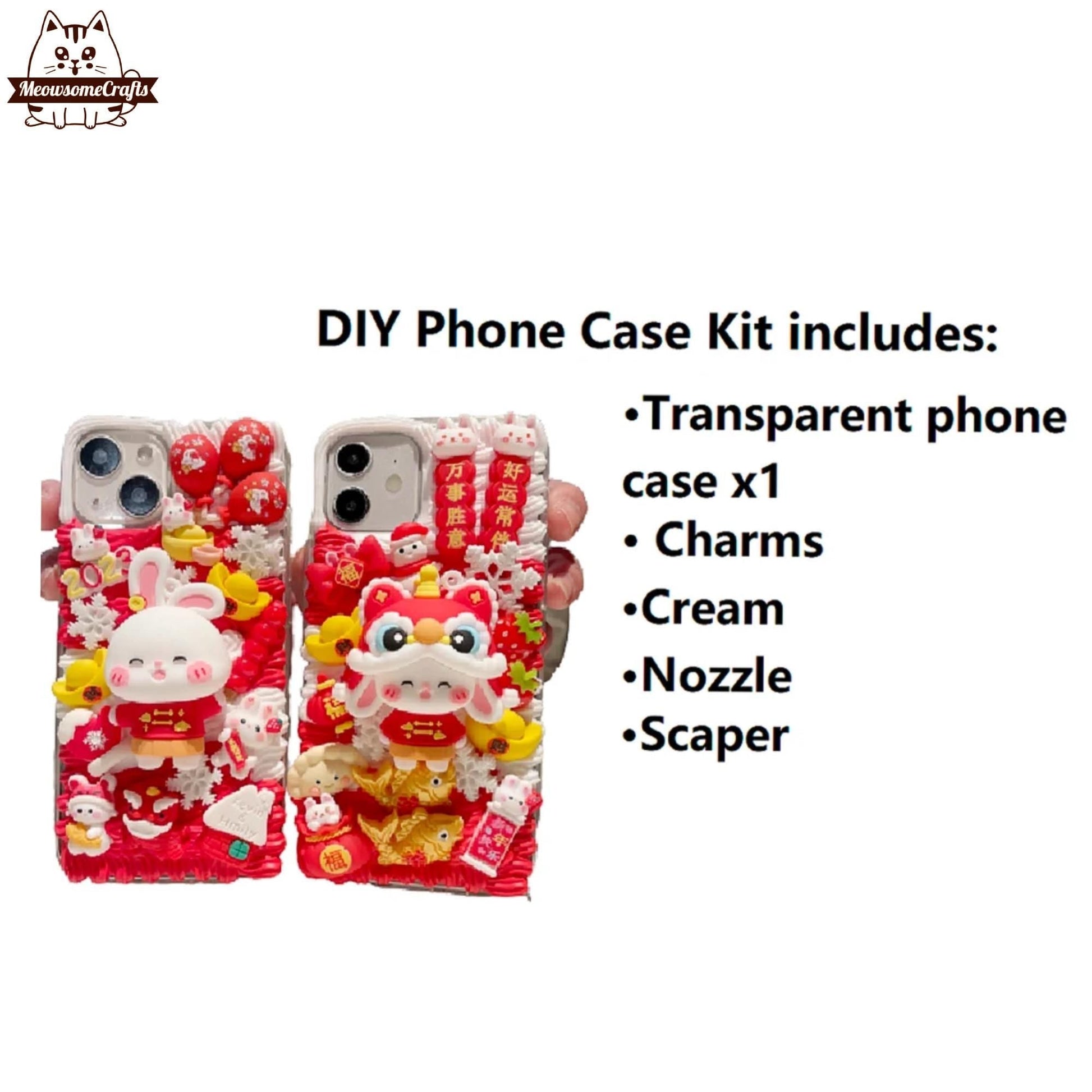 Decoden Custom Phone Case DIY Craft Kits | Chinese Lion Dance Hat Rabbit Baby Rabbits Lucky Bag Charms | Samsung Android iPhone Cases - MeowsomeCrafts