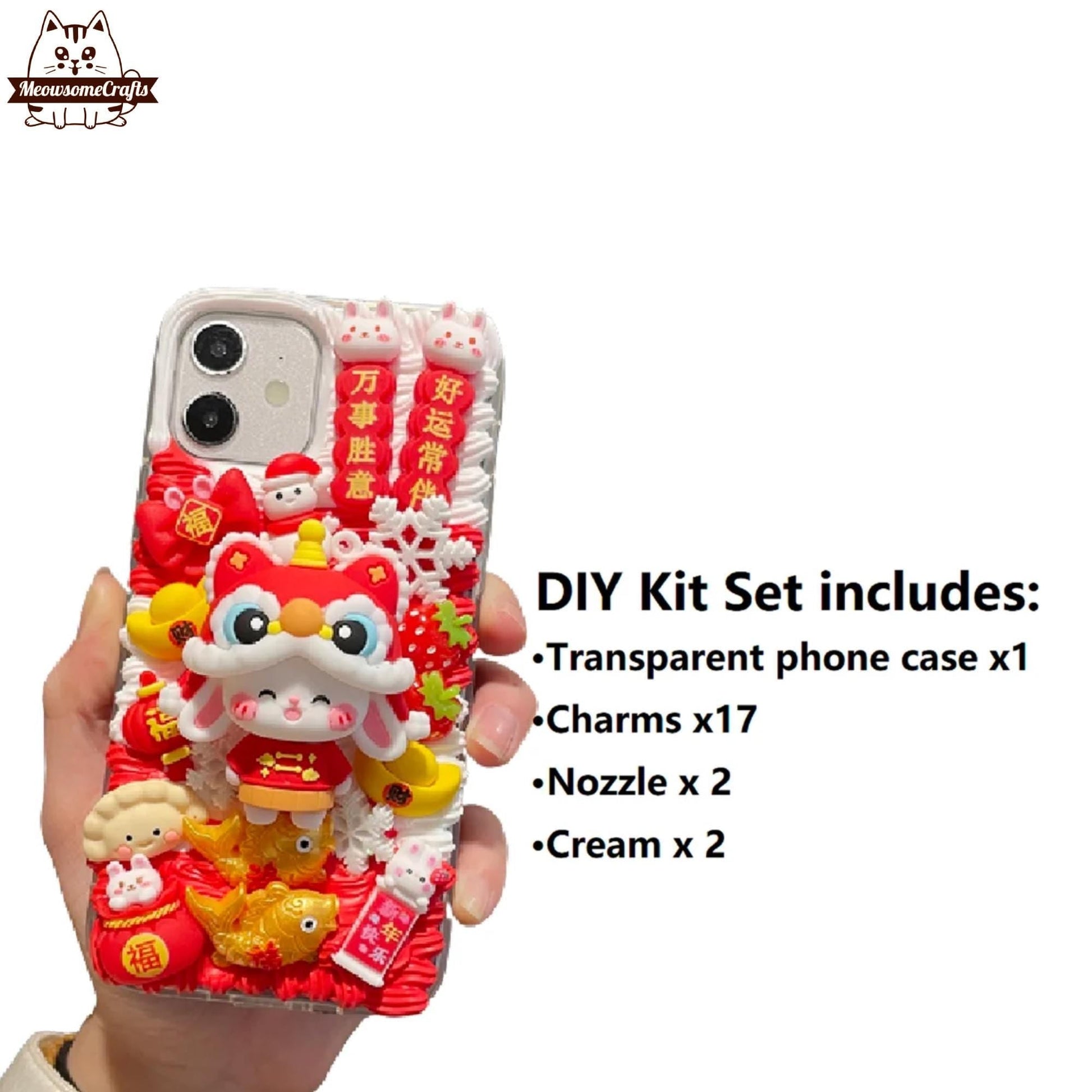 Decoden Custom Phone Case DIY Craft Kits | Chinese Lion Dance Hat Rabbit Baby Rabbits Lucky Bag Charms | Samsung Android iPhone Cases - MeowsomeCrafts